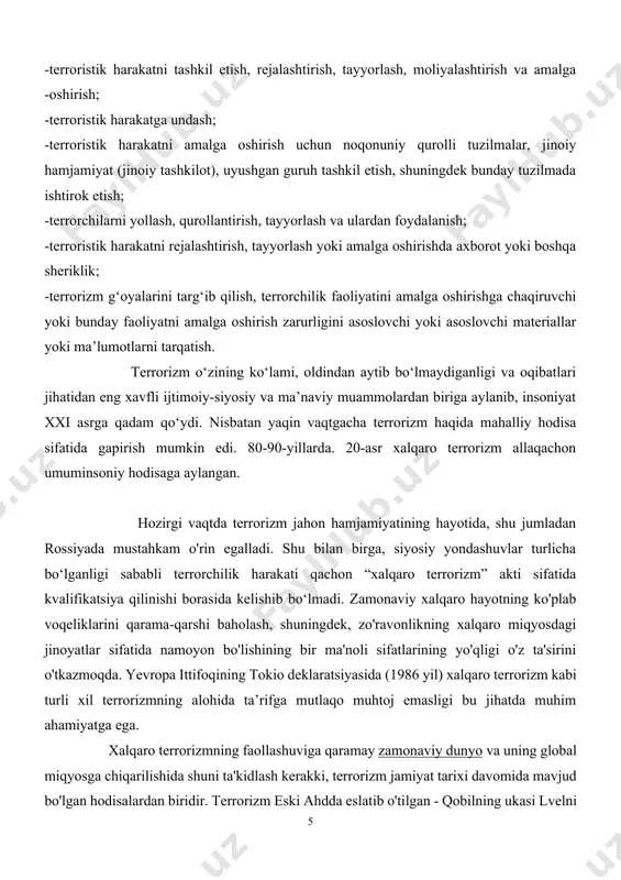 i; qurbonlar odatda qo'riqchilar tomonidan o'ralganligi sababli, qotillik aybdorlarini qutqarish imkoniyati deyarli nolga teng edi). biroq, biz mafkura, tashkilot va harakatning uyg'unligi haqida gapirishimiz mumkin - bundan tashqari, "ommaviy" xususiyatga ega - biz faqat 19-asrning oxirgi uchdan bir qismiga murojaat qilishimiz mumkin. hozirgi vaqtda terror "narodnaya volya" kurashida o'zining klassik timsolini topib, bir qancha mamlakatlarda inqilobiy tashkilotlarning harakat tizimiga aylandi. birinchi jahon urushigacha terrorizm, asosan, chap qanot siyosiy kurashning bir turi hisoblangan. xx asrda. terrorchilik usullaridan foydalanish motivlari doirasi kengaydi. terrorizmning davlat darajasiga o‘tishi, terrorchilik faoliyatining yangi texnologik ilg‘or vositalari va usullarining paydo bo‘lishi hamda uning ko‘lami ortib borayotganini hisobga olgan holda, bu hodisa zamonaviy dunyoda eng xavfli holatlardan biriga aylandi. terrorizm muammosini tahlil qilishda umumiy ilmiy yondashuvlarni izlash 40 yildan ortiq davom etmoqda. masalan, bmtda terrorizm ta'rifini jadal ishlab chiqish 1972 yilda boshlangan (bmt bosh assambleyasi xalqaro terrorizm bo'yicha maxsus qo'mita tashkil etgan paytdan boshlab). ikkinchi jahon urushigacha, 1937 …