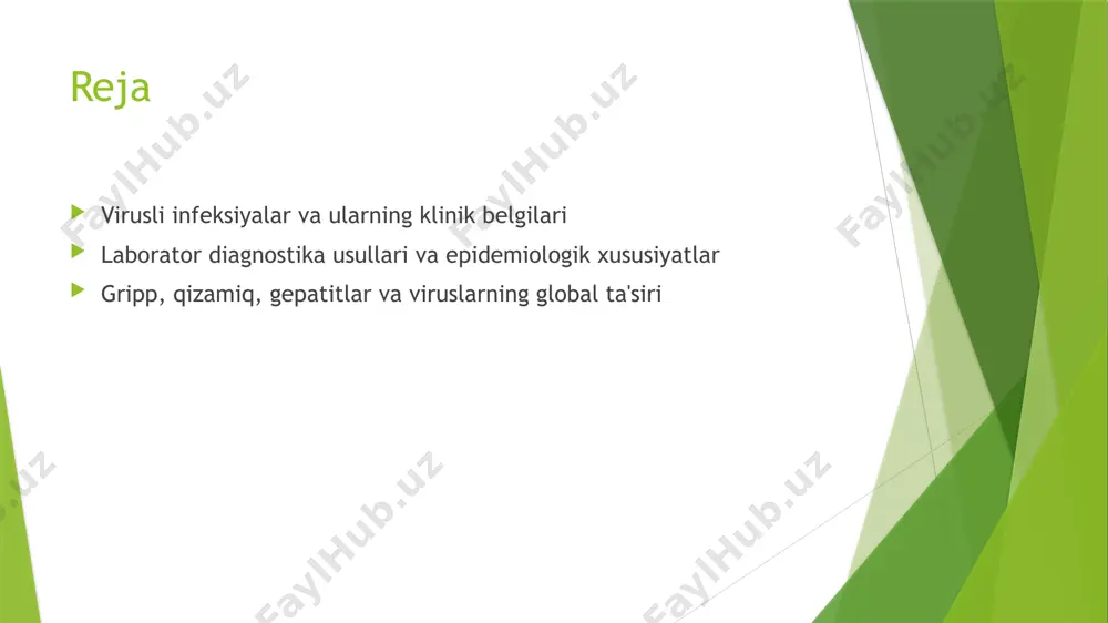 qizamiq esa, o‘ziga xos makulopapulyar to‘shaklar va yallig‘lanish bilan kechadi. 2 patogenez ta’siri viruslar nafas yo‘llarini yallig‘lantiradi, immun javobni kuchaytiradi va organizmning himoya mexanizmlarini buzadi. bu jarayon klinik belgilar va kasallik davomiyligini belgilaydi. 3 kasalliklarning rivojlanishi viruslar organizmga kirganidan so‘ng, yallig‘lanish, qon aylanishining buzilishi va immun javobning faollashuvi orqali klinik belgilarga olib keladi. gripp, qizamiq va gepatitlarning global epidemiologik ta'siri 01 yirik epidemiyalar gripp, qizamiq va gepatitlar butun dunyo bo‘ylab jiddiy epidemiyalarni keltirib chiqaradi, millionlab insonlarning sog‘lig‘iga va iqtisodiyotiga ta’sir qiladi. 02 global tarqalish ushbu viruslar yuqori transmissiya bilan xarakterlanadi, ular orqali epidemik tarqalish sezilarli darajada kengayadi va har yili yuzlab minglab insonlar kasallanadi. 03 epidemiologik muhimligi gripp, qizamiq va gepatitlar epidemiologik muhim, chunki ular keng tarqalib, jahon sog‘liqni saqlash muassasalari tomonidan nazorat va profilaktika muhimligini ta’kidlaydi. viruslarning tarqalishi va inson sog‘lig‘iga ta'siri bo‘yicha xalqaro tahlil 1 yevropa va osiyo tarqalishi viruslarning global tarqalishi ularning epidemiologik muhimligini oshiradi, ayniqsa, rivojlanayotgan …
