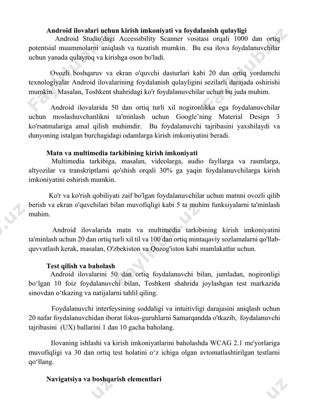 laning va tugmalarni kamida 14 pt o'lchamdagi, yuqori kontrastli ranglarda yarating, bu ko'rish qobiliyati past bo'lgan foydalanuvchilar uchun foydalidir. android ilovalari uchun kirish imkoniyati va foydalanish qulayligi android studio'dagi accessibility scanner vositasi orqali 1000 dan ortiq potentsial muammolarni aniqlash va tuzatish mumkin. bu esa ilova foydalanuvchilar uchun yanada qulayroq va kirishga oson bo'ladi. ovozli boshqaruv va ekran o'quvchi dasturlari kabi 20 dan ortiq yordamchi texnologiyalar android ilovalarining foydalanish qulayligini sezilarli darajada oshirishi mumkin. masalan, toshkent shahridagi ko'r foydalanuvchilar uchun bu juda muhim. android ilovalarida 50 dan ortiq turli xil nogironlikka ega foydalanuvchilar uchun moslashuvchanlikni ta'minlash uchun google’ning material design 3 ko'rsatmalariga amal qilish muhimdir. bu foydalanuvchi tajribasini yaxshilaydi va dunyoning istalgan burchagidagi odamlarga kirish imkoniyatini beradi. matn va multimedia tarkibining kirish imkoniyati multimedia tarkibiga, masalan, videolarga, audio fayllarga va rasmlarga, altyozilar va transkriptlarni qo'shish orqali 30% ga yaqin foydalanuvchilarga kirish imkoniyatini oshirish mumkin. ko'r va ko'rish qobiliyati zaif bo'lgan foydalanuvchilar …
