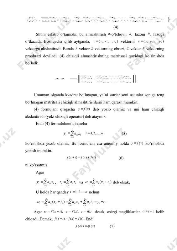 vektor fazoning vektoriga mos qo’ysin. ta’rif. agar har qanday va son uchun: 1) munosabatlar o’rinli bo’lsa, chiziqli akslantirish yoki chiziqli operator deyiladi. demak, ta’rifdan ko’rinadiki, chiziqli akslantirish bo’lsa, uning natijasida ikki vektor yig’indisining obrazi ular obrazlarining yig’indisidan, vektorning songa ko’paytmasining obrazi esa, vektor obrazining shu songa ko’paytmasidan iborat bo’ladi. 1) va 2) shartlardan kelib chiqadiki, agar lar e vektor fazoning qandaydir vektorlari bo’lsa, chiziqli kombinasiya f vektor fazodagi chiziqli kombinasiyaga o’tadi. bu yerda lar f fazoning vektorlari. boshqacha qilib aytganda tenglik o’rinli. chiziqli akslantirishlar quyidagi xossalarga ega. 10. chiziqli akslantirishda e fazoning nol vektori f fazoning nol vektoriga o’tadi: haqiqatdan e fazoning ixtiyoriy vektori uchun . demak, 20. agar vektorlar chiziqli bog’langan bo’lsa, ularning obrazlari ham chiziqli bog’langan bo’ladi. haqiqatan, shartga ko’ra shunday hech bo’lmaganda biri noldan farqli bo’lgan sonlar topiladiki, embed equation.3 o’rinli bo’ladi. u holda demak, vektorlar chiziqli bog’langan. (vektor fazoning vektorlari uchun chiziqli bog’lanish va chiziqli bog’lanmaganlik …
