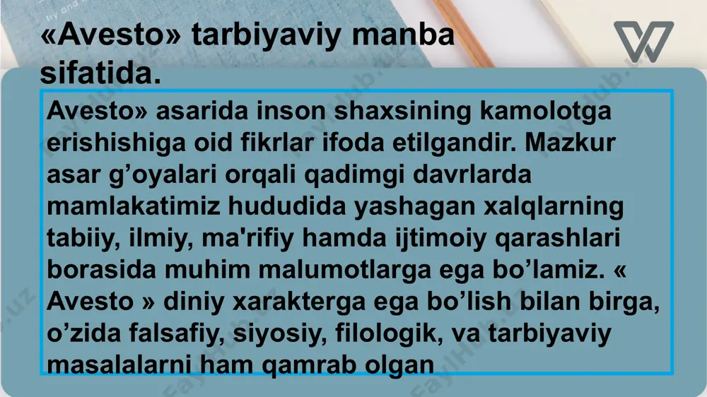 doshlar bilan birga do’stlik va totuvlikda yashashga intilish ruhidagi niyat va fikrlar musaffoligini aks ettiradi. inson fikran ham boshqalarga hasad qilmasligi lozim. yaxshi niyatli kishi darg’azab bo’lmaydi, jaholatlarga berilmaydi. zero, bunday ruhiy holatda inson yaxshilik haqida o’ylamaydi, burch va adolat haqida unutadi va nojo’ya harakatlar qiladi. «avesto»dagi uchlikning haqiqiy manbalariga yondashiladigan bo'1sa, ular qadimgi zamon kishilarining axloqiy tasawurlariga batamom muvofiq bo’lib tushadi. fikr, so’z va ishning birligi ibtidoiy insonning ham ajralmas xislati edi. uning ong, axloq va boshqalar xususidagi tasawurlari o’zi mansub bo’lgan jamoa bilan uzviy bog’langan, jamoaning fikri uning ham fikri, jamoaning so’zlari uning ham so’zlari, jamoaning ishlari uning ham ishlari bo’lgan. title text addition ijtimoiy va shaxsiy manfaatlarning uyg’unligi-urug’chilik jamiyatining muhim belgisidir. jamoaning har qanday topshirig’ini bajarish uning a'zolari uchun mu-qaddas qonun edi. «avesto» asarida insonning barkamol bo’lib etishishida uning so’zi, fikri hamda ishi ezgu bo’lishi va ezgulikning tantanasi uchun xizmat qilishiga katta e'tibor beriladi. ushbu axloqiy uchlik …