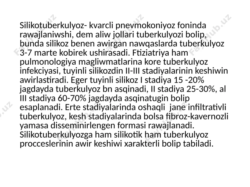 e aladi: gepatoprotektor, vitaminoterapiya, joqari kaloriyali awqatlaniw emlew tamam bolgannan son' kesellik qaytalaniw mumkinligi sebepli turaqli dispanser baqlawinda boladi silikotuberkulyozdin profilaktikasi 1. aktiv turmis ta'rizi: taza hawada seyil, juwiriw, juziw 2. lfk massaj 3. fitoterapiya 4. polivitaminler image1.jpeg