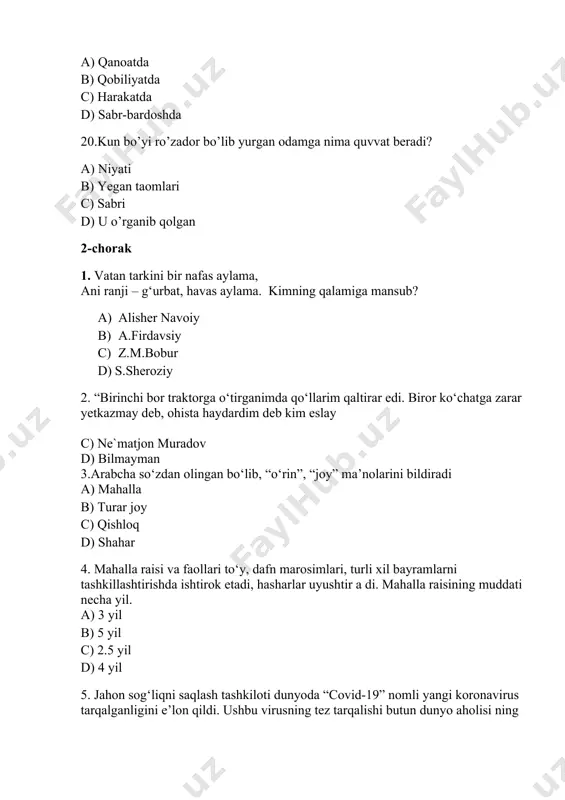orttirilgan tajriba bu a) malaka b) bilim c) ko’nikma d) tajriba 13. olimlarning ta’kidlashicha, dunyoda qancha kasblar bor. a) 40 mingdan ortiq b) 30 mingdan ortiq c) 20 mingdan ortiq d) 10 mingdan ortiq 14.bugungi kunda qaysi kasblar sharafli,”qahramolik” kasblari isoblanadi? a) shifokor va o’qituvchilik b) muhandis va quruvchilik c) shifokor va quruvchilik d) nonvoy va bank xodimi 15.ayrim mutaxassislik uchun yuqori intizomlilik, tartibga qat’ iy rioya etish, topqirlik talab etiladi.bu kasblar uchun odamlar bilan ishlash jarayonida barqaror,yaxshi kayfiyat,muloqotchanlik,xolatni tez aniqlay olish qobiliyati kerak bo’ladi.bu kasblarga qaysilarni misol qilish mumkin. a) shifokor va o’qituvchilik,haydovchilik b) muhandis va quruvchilik,oshpazlik c) shifokor va quruvchilik,o’qituvchilik d) nonvoy va bank xodimi,xamshiralik 3-chorak 1. zamonaviy axborot texnologiyalari va qurilmalar, ular orqali taqdim qilingan turli xizmatlar bu a) raqamli olam b) media olam c) internet d) raqamli nedia 2. media bu- nima? a) axborotni saqlash, qayta ishlash va uzatish uchun xizmat qiluvchi vositalar b) zamonaviy axborot …