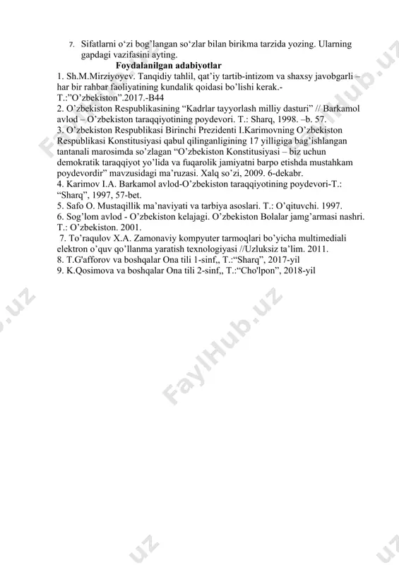 qanaqa? so‘roqlariga javob bo‘lishi; 3. ikkinchi darajali bo‘lak vazifasida kelishi; 4. ohang yordamida bog’lanishi; 5. shakldosh, ma’nodosh sifatlar. ko‘nikma: 1. sifatning ma’no turlarini farqlashi. 2. sifatga qanday? so‘rog’ini bera bilishi. 3. gap va matn tarkibidan sifatni so‘roqlari orqali aniqlay bilishi. 4. sifatlarni belgi bildiruvchi boshqa so‘zlardan farqlay bilishi. 5. sifat bog’lanib kelgan so‘z orqali unga so‘roq bera olishi. sifatning otga bog’lanib kelishini bilishi. 6. sifatning gapda ikkinchi darajali bo‘lak vazifasida kelishini, uni to‘lqinli chiziq orqali belgilay olishi. 7.sifatlarni to‘g’ri talaffuz qila olishi. 8. sifatlardan og’zaki va yozma nutqda to‘g’ri va o‘rinli foydalana olishi. 9. sifatlarga shakldosh so‘zlar, ma’nodosh, qarama-qarshi ma’noli sifatlar topa olishi. malaka: 1. sifatlarning ma’nosini izohlay olishi. 2. sifatlarning talaffuzi va yozilishini izohlay olishi. 3. imlo lug‘atdan foydalana olishi. 4. sifatlarni o‘qilgan asar matnidan topa olishi 5. berilgan sifat ishtirokida birikma va gap tuza olishi. 6. o‘qiganlari, kuzatganlari va rasm asosida sifatlarni qatnashtirib kichik hikoyacha tuza olishi. 7. …