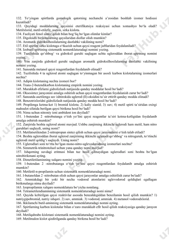 yozing. 81. formaldegiddan nimalar olish mumkin? 82. aromatik uglevodorodlar. 83. neftkimyoda naften uglevodorodlardan qaysi biri eng ko‘p ishlatiladi? 84. sirka kislotasi nimalar olishda ishlatiladi? 85. neftkimyo sintezida aromatik uglevodorodlardan qanday mahsulotlar olishda keng foydalaniladi? 86. neylon va kapron ishlab chiqarishda ilk xomashyo qaysi modda? 87. rossiya federatsiyasi neftkimyo sintezi institutida rus olimi a.n. bashkirov tomonidan parafinlarni suyuq fazada yo‘naltirilgan oksidlashni yangi usuli ishlab chiqilgan, bu usulda nima olingan? 88. hozirgi vaqtda neft xomashyosidan aromatik uglevodorodlarni qanday usullar bilan olish mumkin? 89. siklogeksan ishlab chiqarishning nechda asosiy yo‘li mavjud? 90. bashkirov usuli bo‘yicha oksidlash natijasida nechi %li ikkilamchi va nechi %li birlamchi spirtdan tashkil topgan spirtlar olinadi? 91. aromatik uglevodorodlarni ajratib olishning qanday usullari mavjud? 92. benzin fraksiyasidagi metilsiklopentanni izomerizatsiyalab siklogeksanga aylantirishda qaysi katalizatordan foydalaniladi? 93. suyuq parafinlarni oksidlab spirtlar ishlab chiqarishni printsipial texnologik sxemasini tushintirib bering. 94. aromatik uglevodorodlar ajratib olishning tejamliligini aniqlab beruvchi asosiy omillari nimaga bog‘liq? 95. benzolni …