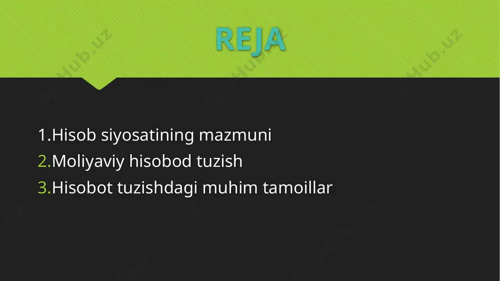 arning kompaniyadagi ulushi. 2. daromadlar va xarajatlar to'g'risidagi hisobot (moliyaviy natijalar): bu hujjat kompaniyaning ma'lum davr davomida olgan daromadlari va amalga oshirilgan xarajatlarini ko'rsatadi. asosiy maqsadi kompaniyaning foyda yoki zararga erishganini ko‘rsatishdir. 3. pul oqimi hisobotlari: bu hisobot kompaniyaning ma'lum davr davomida kirgan va chiqqan naqd pul miqdorini ko'rsatadi. ushbu hujjat kompaniyaning likvidlik holatini baholashda yordam beradi. 4. o'zgarishlar kapitalidagi hisobot: bu hujjat kompaniyaning aksiyadorlar kapitalidagi o'zgarishlarni ko'rsatadi. moliyaviy hisobotlar xalqaro buxgalteriya standartlari (xbs) yoki mahalliy buxgalteriya standartlariga (mbhs) muvofiq tuziladi. moliyaviy hisobot tuzishda bir nechta asosiy tamoyillar mavjud bo‘lib, ular hisobotlarning to‘g‘riligini, shaffofligini va solishtiruvchanligini ta’minlashga yordam beradi. quyida moliyaviy hisobotlarni tuzishda muhim hisoblangan tamoyillar keltirilgan: 1. davomiylik tamoyili (going concern principle): bu tamoyilga ko‘ra, tashkilot faoliyatini uzluksiz davom ettirishi, ya'ni yaqin kelajakda o‘z faoliyatini to‘xtatmasligi yoki tugatilmasligi nazarda tutiladi. bu tamoyil asosida moliyaviy hisobotlar tuziladi va tashkilot aktivlari va majburiyatlari uzoq muddatli deb hisoblanadi. 2. ishonchlilik tamoyili (reliability …