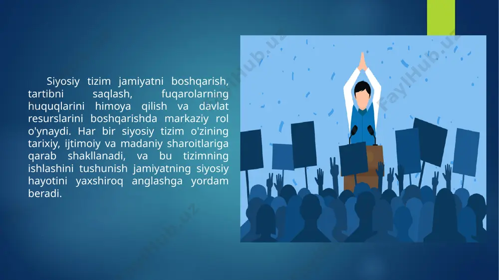 tizimlarga ta'sir qilishi mumkin. siyosiy kuch kanspesiyasining mazmun va mohiyati siyosiy kuch bu siyosiy tizimda ma'lum bir guruh yoki shaxsning boshqarish, ta'sir o'tkazish yoki o'z qarashlarini amalga oshirish imkoniyatini anglatadi. siyosiy kuch konspesiyasi esa bu kuchning qanday shakllarda namoyon bo'lishi, uning manbalari, ta'sir doirasi va jamiyatda qanday ishlashi haqida tushunchalarni o'z ichiga oladi. siyosiy kuch jamiyatda muhim ijtimoiy, iqtisodiy va siyosiy o'zgarishlarga olib kelishi mumkin, shuningdek, davlat hokimiyati va fuqarolar o'rtasidagi munosabatlarni belgilaydi. siyosiy kuchni tushunish uchun uning tarkibiy qismlarini va uning jamiyatdagi rolini ko'rib chiqish muhimdir. siyosiy kuch quyidagi asosiy elementlarni o'z ichiga oladi. siyosiy kuch odatda ma'lum bir manbalardan keladi. bu manbalar: hukumatning qonuniy vakolati: davlat organlari (parlament, prezident, hukumat) o'z vakolatlari orqali siyosiy kuchni amalga oshiradi. resurslar: siyosiy kuch iqtisodiy resurslarga, ma'lumotlarga, texnologiyalar va boshqa materiallarga asoslanishi mumkin. siyosiy partiyalar va tashkilotlar: siyosiy kuch, siyosiy partiyalar va ijtimoiy harakatlar orqali ham namoyon bo'lishi mumkin. siyosiy ideologiya: siyosiy …