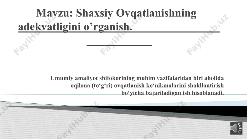 1 : 1,2 : 4,6 yoki 1: 1: 4 bo‘lishi kerak. 3.ovqat yil fasllarini hisobga olgan xolda kun davomida to‘g‘ri taqsimlangan bo‘lishi kerak. mas., yilning sovuk faslida ratsionning kaloriyaliligi bo‘yicha nonushta 30-35%, tushlik 35-45% va kechki ovqat – 25-30%tashkil etishi kerak. yilning issik fasllarida tushlikning kaloriya qiymatini kamaytirib, uykudan 2 soat oldin istemol qilinadigan kechki ovqatning kaloriyalik qiymatini oshirish tavsiya etiladi. oqilona ovqatlanishga bir qator aniq gigiyenik talablar qo‘yilib, ularning asosiylari quyidagilar hisoblanadi: 4.kunlik ratsiondagi taomlar to‘plami turli xil bo‘lmog‘i darkor, shu bilan birga ovqat ratsioniga albatta yil faslini hisobga olib sabzovot va mevalarni qo‘shish tavsiya etiladi. 5.mahsulotlar to‘plamini tanlashda organizmning fermentlarga doir holatini, ovqatlanishdagi milliy ananalar inobatga olinishi kerak. 6.ratsionga kiritiladigan ovqat mahsulotlari sifatli bo‘lishi kerak ya’ni o‘z tarkibida organizmga zarar keltiradigan moddalarni tutmasligi lozim. barcha gigienik talablarga muvofiq keladigan amaldagi ovqatlanish, va birinchi navbatda organizmning fiziologik ehtiyojiga mos keladigan ovqatlanishga adekvat ovqatlanish deyiladi ratsional ovqatlanish o’zgaruvchan qiymat bo’lib, …