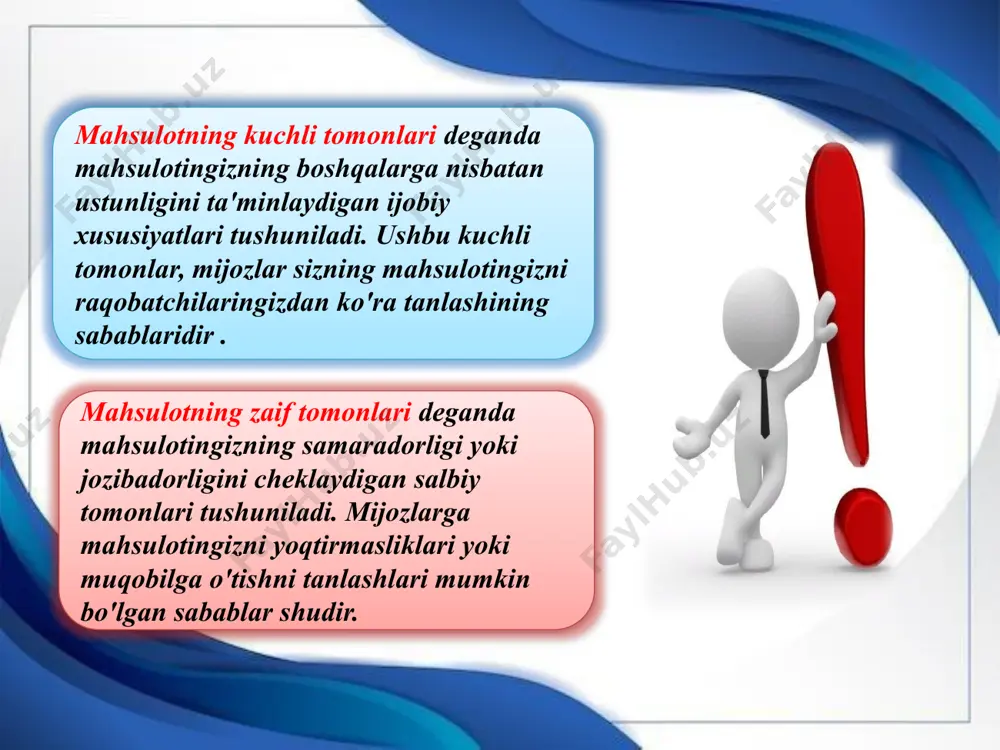 mmolarini samarali va tezkor hal qilsa, bu uning ishonchini oshiradi va mahsulotga bo‘lgan qiziqishni saqlab qoladi. saturday, july 26, 2025 10 mahsulot muvaffaqiyatida kuchli brendning ahamiyati juda katta. kuchli brend, mahsulotni bozorda ajratib turadi va uning muvaffaqiyatiga bevosita ta'sir qiladi. kuchli brendlar iste'molchilarda ishonch uyg'otadi. agar bir mahsulot kuchli brend ostida bo'lsa, iste'molchilar uni sifatli va ishonchli deb bilishadi. bu sodiq mijozlar yaratishga yordam beradi. kuchli brendlar mahsulotni bozorga chiqarishda boshqa raqobatchilarga nisbatan ustunlikka ega bo'ladi. ular yaxshiroq tanishlik, reklama va marketing orqali raqobatchilardan ajralib turadi. saturday, july 26, 2025 11 eng kuchli brendlar saturday, july 26, 2025 12 kuchli brendlar, odatda, yuqori narxlarda sotilishi mumkin, chunki iste'molchilar brendning sifatiga ishonch bildiradilar. bu mahsulotning rentabelligini oshiradi kuchli brendning mahsulot muvaffaqiyatidagi ahamiyati shundaki, u nafaqat iste'molchilarda ishonch uyg'otadi, balki mahsulotning bozor raqobatida ustun bo'lishini ta'minlaydi, premium narxlar belgilashga yordam beradi va uzoq muddatli muvaffaqiyatni qo'lga kiritishga turtki beradi. saturday, july 26, …