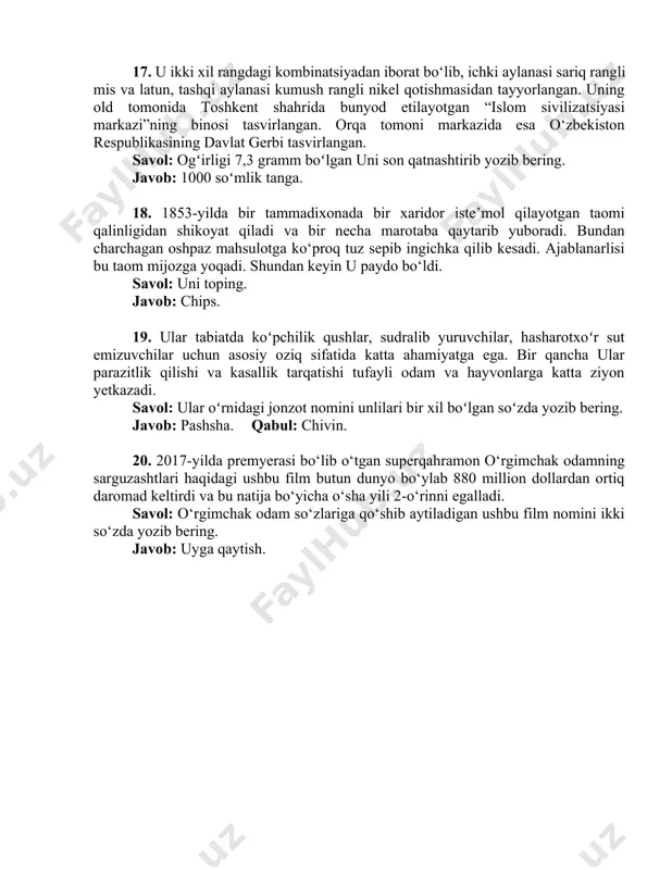 ot nomini unlilari bir xil boʻlgan soʻzda yozib bering. javob: pashsha. qabul: chivin. 20. 2017-yilda premyerasi bo‘lib o‘tgan superqahramon o‘rgimchak odamning sarguzashtlari haqidagi ushbu film butun dunyo bo‘ylab 880 million dollardan ortiq daromad keltirdi va bu natija bo‘yicha o‘sha yili 2-o‘rinni egalladi. savol: o‘rgimchak odam so‘zlariga qo‘shib aytiladigan ushbu film nomini ikki so‘zda yozib bering. javob: uyga qaytish.