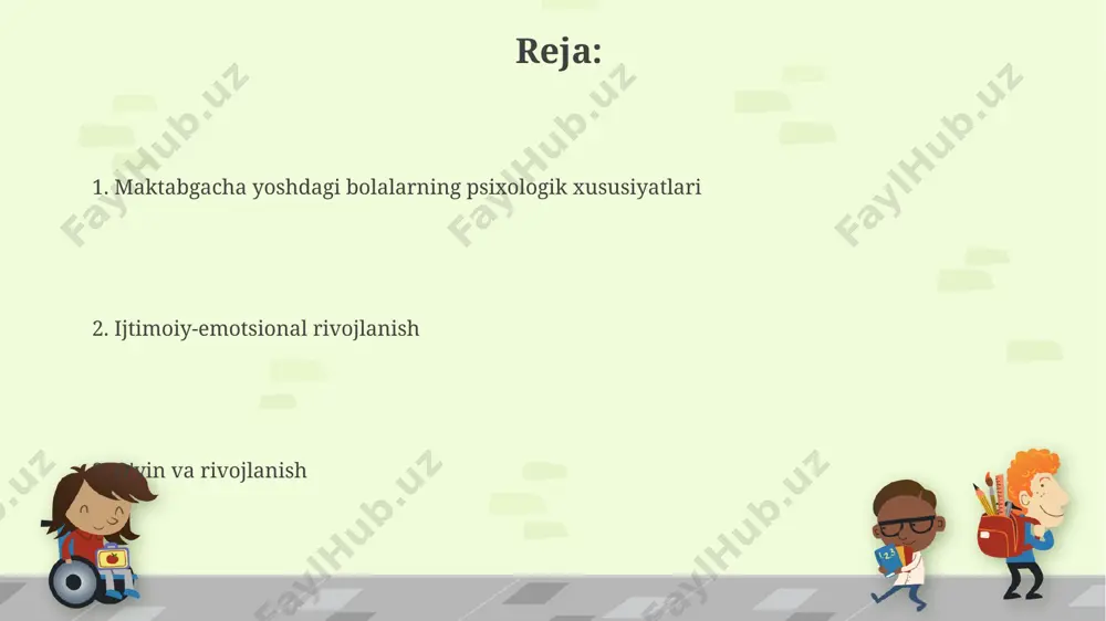 вилоятида ўтказилган тажрибаларда аниқландики, мукофот тизими (масалан, стикерлар) болаларнинг 85%ида ўрганишга бўлган мотивацияни сезиларли даражада оширади. мактабгача ёшдаги болаларнинг 70%и рангли расмлар ва қўлда ишлашга асосланган фаолиятларга юқори мотивацияга эга эканлиги кузатилган. бу эса таълим жараёнларини режалаштиришда эътиборга олиниши керак. xotira va diqqatning shakllanishi 3-5 ёшли болаларда хотиранинг ривожланишида такрорлашлар ва визуал воситалар муҳим роль ўйнайди, хусусан, тошкентдаги тадқиқотлар 70% га яқин натижа кўрсатди. диққатнинг барқарорлиги 6-7 ёшгача босқичма-босқич шаклланади, бу жараёнда боланинг ўйин фаолияти ва мулоқот кўникмалари, масалан, андижондаги боғчаларда кузатилганидек, асосий омил ҳисобланади. til rivojlanishi va nutq превербал даврда (тахминан 18 ойгача) болаларнинг новербал мулоқот воситалари, масалан, имо-ишоралар ва мимикалар орқали мулоқот қилиш кўникмалари ривожланади, бу жараёнда миянинг broca ва wernicke ҳудудлари фаол иштирок этади. 3-5 ёшли болаларнинг луғат фонди ўртача 1500-2000 сўзни ташкил этади, бу эса тошкент шаҳридаги боғчаларда ўтказилган тадқиқотлар натижаларига кўра аниқланган. qobiliyatlarni rivojlantirish нуқталарни бирлаштириш ва йўлни топишга асосланган ўйинлар 4-5 ёшли болаларда майда …