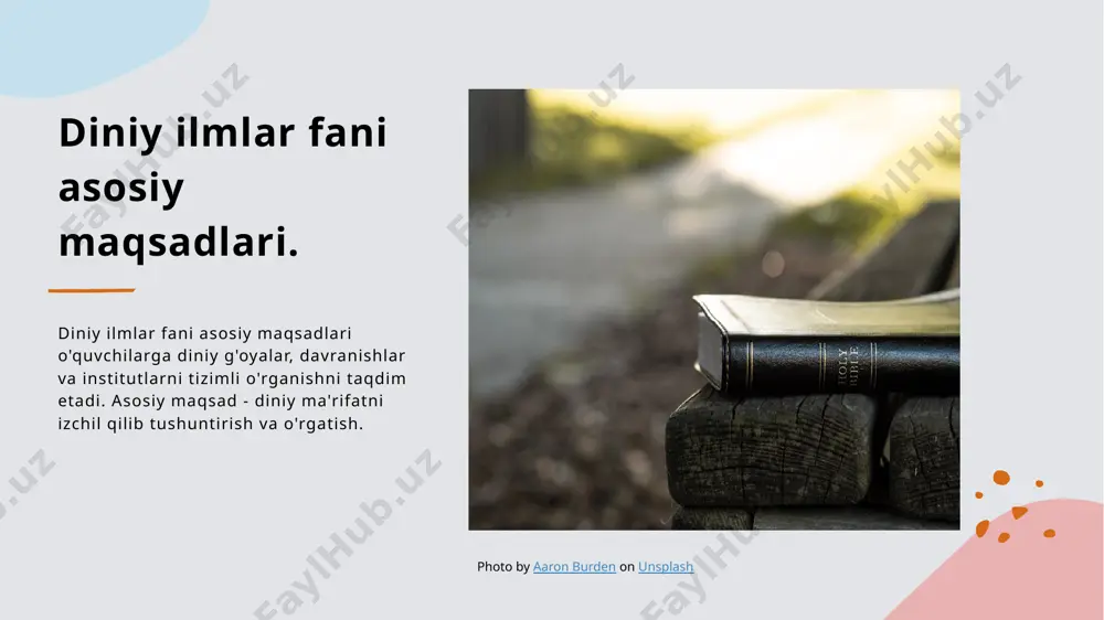 h orqali jamiyatga diniy ma'rifatlar va manfaatlarni yetkazishni maqsad qiladi. 3 tashkiliy tuzilmalar diniy muassasalar, diniy faoliyatning tashkiliy tuzilmalari va ularning jamiyat va davlatda o'z maqsadlarini amalga oshirishni ta'minlaydi. diniy ma'rifatlar va ularning ilmiy tadqiqotlarda ahamiyati. diniy ma'rifatlar ilmiy tadqiqotlarda keng ekanligini tushuntirish, dinshunoslik fanining asosiy maqsadi bo'lib, diniy tushunchalarni o'rganish va analiz qilish uchun kerak bo'lgan ilmiy usullar haqida tushuntiradi. photo by priscilla du preez 🇨🇦 on unsplash diniy muassasalar va ularning jamiyatga ta'siri. diniy muassasalarning ahamiyati diniy muassasalar jamiyatda taraqqiyot va tinchlikni taʼminlashda katta roʼl oʼynaydi, insonlarga maʼrifatni oʼrgatadi va insoniy qadriyatlarni mustahkamlab turadi. diniy muassasalar va madaniyat diniy muassasalar jamiyatdagi madaniy va dinamik jarayonlarning shakllanishida muhim oʼrin egallaydi va insonlarning maʼnaviy-axloqiy rivojlanishiga xizmat qiladi. diniy muassasalar va ilmiy yondashuv diniy muassasalar ilmiy yondashuvning asosiy manbai boʼlib, yangi ilmiy tadqiqotlarni olib borish yoki maʼlumotlarni oʼzgartirishda muhim ahamiyatga ega. diniy muassasalar va jamiyatning rivojlanishi diniy muassasalar jamiyatning ijtimoiy, maʼnaviy …