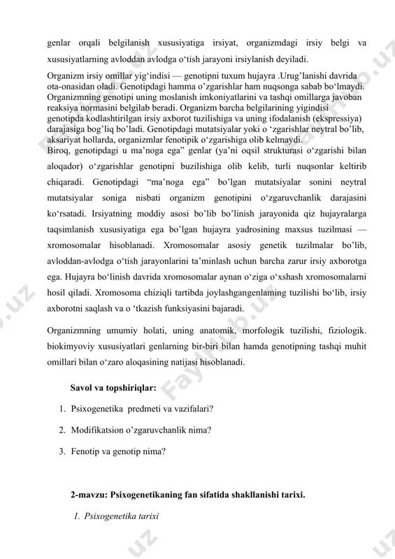t omillari ta’sirida genotipi o‘zgarishsiz kechadigan organizmlar fenotipining o‘zgarishidir. irsiyat va irsiylanish tushunchalarini farqlay bilish lozim. ma'lum bir oqsil molekulasini tuzilishi, belgining rivojlanishi va organizmning tuzilishi rejasining genlar orqali belgilanish xususiyatiga irsiyat, organizmdagi irsiy belgi va xususiyatlarning avloddan avlodga o‘tish jarayoni irsiylanish deyiladi. organizm irsiy omillar yig‘indisi — genotipni tuxum hujayra .urug’lanishi davrida ota-onasidan oladi. genotipdagi hamma o’zgarishlar ham nuqsonga sabab bo‘lmaydi. organizmning genotipi uning moslanish imkoniyatlarini va tashqi omillarga javoban reaksiya normasini belgilab beradi. organizm barcha belgilarining yigindisi genotipda kodlashtirilgan irsiy axborot tuzilishiga va uning ifodalanish (ekspressiya) darajasiga bog’liq bo’ladi. genotipdagi mutatsiyalar yoki o ‘zgarishlar neytral bo’lib, aksariyat hollarda, organizmlar fenotipik o‘zgarishiga olib kelmaydi. biroq, genotipdagi u ma’noga ega” genlar (ya’ni oqsil strukturasi o‘zgarishi bilan aloqador) o‘zgarishlar genotipni buzilishiga olib kelib, turli nuqsonlar keltirib chiqaradi. genotipdagi “ma’noga ega” bo’lgan mutatsiyalar sonini neytral mutatsiyalar soniga nisbati organizm genotipini o‘zgaruvchanlik darajasini ko‘rsatadi. irsiyatning moddiy asosi bo’lib bo’linish jarayonida qiz hujayralarga taqsimlanish …