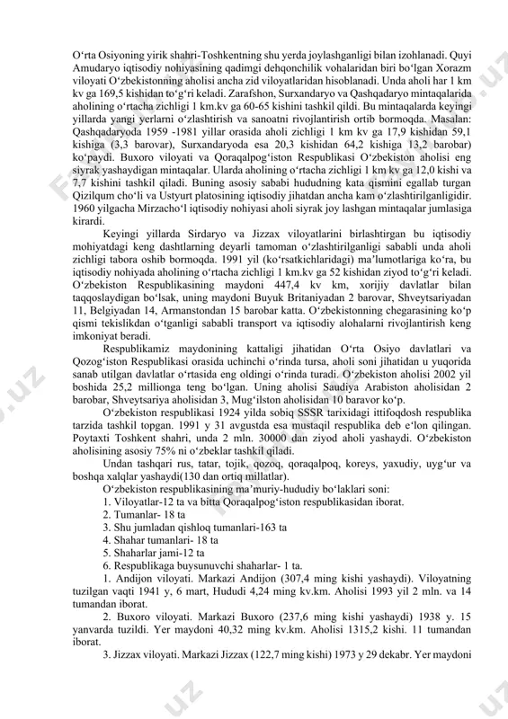 ikning va ayniqsa paxtachilikning juda qadimdan rivojlanishiga imkon bergan. oʻzbekistonning tabiiy sharoiti xilma-xil boʻlib, yozda ham qor va muz bilan qoplangan balandligi 4688 (4643) ga yoruvchi hazrati sulton choʻqqisi bilan birga dengiz sathidan 12 m past turuvchi ming buloq botigʻi mavjud. oʻzbekistonning tekislik qismi turon tekisligining bir qismi boʻlib, uning gʻarbiy va shimoliy gʻarb chekkasini ustyurt plotosi egallab yotadi. orol dengizining janubiy sharqiy qismida qizilqum choʻli boshlangan. yer yuzining tuzilishi xilma-xildir. bu yerga past togʻlar bukontogʻ, tomdi togʻ, ovmirza togʻ, kultuq togʻ, yetimtogʻ, uning gʻarbiy qismida sulton uvays togʻi qumli va tekisliklar orasida qad koʻtarib turadi. tomdi togʻning okean sathidagi eng baland qismi 922 m yotadi. qoʻshni respublikalar fargʻona botigʻining cheka qismlari qirgʻizston va tojikiston hududida joylashgan. botiqning shimolida chotqol sharqda fargʻona va janubda oloy turkiston togʻ tizimlari joylashgan. zarafshon togʻ tizmasining janubida hisor togʻ tizmasining janubiy-gʻarbiy tarmoqlari (yakkabogʻ, surxontogʻ, kuxitang va boshqalar) uchraydi. oʻzbekiston aholisi koʻp millatliligi bilan ajralib …