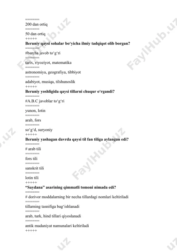a o‘rtaga tashlangan faraz….. ====== # tovushga taqlid farazi ====== ijtimoiy kelishuv farazi ====== undovlar farazi ====== mehnatga chaqiriq farazi +++++ tillarni shevalarga parchalanishi …. ====== #farqlanish ====== mujassamlashuv ====== guruhlarga ajratish ====== tasniflash +++++ tilning shevadan farqi nimada? ====== #til butun bir xalqqa xizmat qiladi ====== xalqning bir guruhigagina taalluqli ====== hamma tillarni birlashtirish ====== tilning bir variantini tashkil etadi +++++ millatning asosiy belgilari…. ====== # barcha javob to‘g‘ri ====== umumiy til ====== umumiy madaniyat va ma’naviy birlik ====== umumiy hudud +++++ superstrat hodisasi…… ====== # kelgindilar tili mahalliy til bilan kurashib, unga sezilarli darajada ta’sir o‘tkazadi, lekin uni siqib chiqarmaydi. ====== kelgindilar tili mahalliy tilni siqib chiqaradi. ====== tildagi o‘zgarishlar keskin, to‘satdan sodir bo‘lmaydi. ====== tildagi o‘zgarishlar asta-sekin, evolyutsion yo‘l bilan amalga oshadi. +++++ milliy tillar necha xil yo‘l bilan paydo bo‘lishi mumkin? ====== # uch ====== ikki ====== to‘rt ====== besh +++++ v.gumboldt, eng avvalo, kimlarning g‘oyalarini …