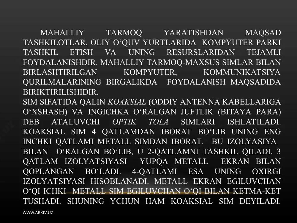 y - 150 milliondan oshiq kompyuterlarning ulanishi kutilmoqda. www.arxiv.uz www.arxiv.uz internetga ulanish uchun asosan quyidagi jihozlar talab qilinadi: -tashqi modem uchun ketma-ket portga ega bo‘lgan kompyuter; -telefon; -modem; -kommunikatsion dasturlar; -slip yoki ppp qaydnomalar dasturiy ta’minoti; -internet provayderida (internet hizmatini ko‘rsatuvchi tashkilot) almashish qaydnomasi (slip yoki ppp); -ro‘yxatdan o‘tkazish ppp-point to point protocol) (nuqtama-nuqta qaydnoma). www.arxiv.uz www.arxiv.uz 1. m.aripov, a.haydarov «informatika asoslari» toshkent, o‘qituvchi –2002 y. 2. a.a.abduqodirov, a.g‘.hayitov, r.r.yuldoshev «axborot texnolo-giyalari» , toshkent –2002 y. 3. kenin «ibm pc dlya polzovаteley», moskvа –1997 g. (rus tilida). 4. m.aripov «internet va elektron pochta asoslari» toshkent –2000 y. 5. q.m.karimov, b.n.muradullaev «informatika va hisoblash texnikasi asoslari fani bo‘yicha laboratoriya ishlari» (uslubiy ko‘rsatma), qarshi –2003 y. adabiyotlar www.arxiv.uz www.arxiv.uz