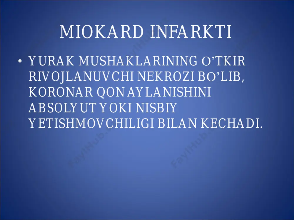 ari bilan o’tadigan miokard infarkti (mayda o’choqli) 6. st – segmentining ko’tarilishi bilan o’tadigan miokard infarkti (intramural) – yaxshi kechishga ega, lekin retsidivlanish ehtimoli yuqori, tromboliik terapiya ko’rsatilgan 7. st – segmentining depressiyasi bilan bo’ladigan miokard infarkti (subendokardial) – og’ir kechishga ega, oqibati yaxshi bo’lmaydi miokard infarktining klinik shakllari anginoz shakli miokard infarktining atipik shakllari: *gastralgik shakli (2-3%) *astmatik shakli (5-10%) *serebral shakli (3-5%) *og’riqsiz shakli (aritmik) *shishli shakli klinikasi shikoyatlari: • og’riq • ko’p terlash • hansirash • keskin quvvatsizlik • gohida betoqatlik ob’ektiv ko’ruv • rangparlik • sovuq ter bosish • gohida betoqat, bir joyda turolmaslik • puls infarkt joylashishiga qarab sekin yoki tez/ • aqb - past tushishga moyillik auskultatsiya • i va ii ton bug’iqlashgan, 20% bemorlarda iii ton aniklanisi – “ot dupuri” ritmi • yurak cho’qqisida sistolik shovqin • 10% bemorlarda perikard ishqolanish shovqini • gohida o’pkaning pastki qismlarida nam xirillashlar miokard infarktini tekshirish usullari …