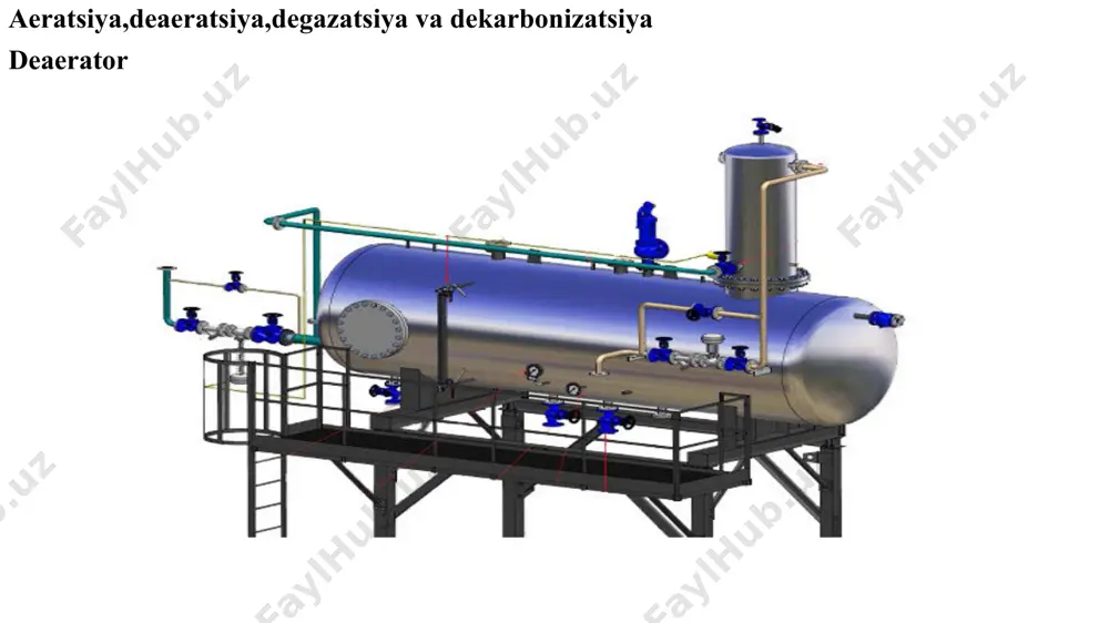 rish uchun) ishlatiladi. bubbler qurilmalari juda kam qo'llaniladi, chunki ularning operatsion xarajatlari juda yuqori, bu, xususan, havoni siqish uchun zarur bo'lgan yuqori energiya iste'molida ifodalanadi. suvni tozalash va suvni tozalash tizimlarini, shu jumladan gazsizlantirish qurilmalarini loyihalashda quyidagi parametrlarni hisobga olish kerak – ko’ndalang kesim maydoni, kerakli havo miqdori, qurilma maydoni. usulning dolzarbligi ushbu usul sanoat faoliyatining ko'plab sohalarida qo'llaniladi, uning ishi asosiy yoki markaziy manbalardan suvdan foydalanishga asoslangan. issiq suv ta'minoti tizimlarida gazsizlantirish faol qo'llaniladi, bu holda qozon uskunalari hech qanday professional to’ldirilishga tobe emas. mustaqil formatda bunday filtrlash juda kam uchraydi. ko'pincha bu bosqich murakkab suv tozalash tizimlarida mavjud bo'lib, ularning funksionalligi ionitni yumshatish va suvni temirdan tozalashga, shuningdek yer osti manbalaridan vodorod sulfidi aralashmalari bilan kurashishga qaratilgan. foydalanilgan adabiyotlar termik degazatsiyalash bwt.ru-technology image1.jpeg image2.png image3.jpeg image4.jpeg image5.jpeg