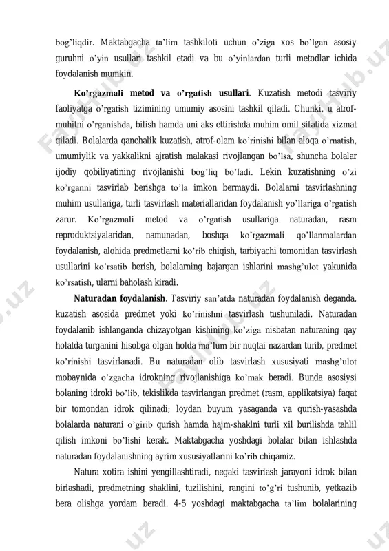 iylik va yakkalikni ajratish malakasi rivojlangan bo’lsa, shuncha bolalar ijodiy qobiliyatining rivojlanishi bog’liq bo’ladi. lekin kuzatishning o’zi ko’rganni tasvirlab berishga to’la imkon bermaydi. bolalarni tasvirlashning muhim usullariga, turli tasvirlash materiallaridan foydalanish yo’llariga o’rgatish zarur. ko’rgazmali metod va o’rgatish usullariga naturadan, rasm reproduktsiyalaridan, namunadan, boshqa ko’rgazmali qo’llanmalardan foydalanish, alohida predmetlarni ko’rib chiqish, tarbiyachi tomonidan tasvirlash usullarini ko’rsatib berish, bolalarning bajargan ishlarini mashg’ulot yakunida ko’rsatish, ularni baholash kiradi. naturadan foydalanish. tasviriy san’atda naturadan foydalanish deganda, kuzatish asosida predmet yoki ko’rinishni tasvirlash tushuniladi. naturadan foydalanib ishlanganda chizayotgan kishining ko’ziga nisbatan naturaning qay holatda turganini hisobga olgan holda ma’lum bir nuqtai nazardan turib, predmet ko’rinishi tasvirlanadi. bu naturadan olib tasvirlash xususiyati mashg’ulot mobaynida o’zgacha idrokning rivojlanishiga ko’mak beradi. bunda asosiysi bolaning idroki bo’lib, tekislikda tasvirlangan predmet (rasm, applikatsiya) faqat bir tomondan idrok qilinadi; loydan buyum yasaganda va qurish-yasashda bolalarda naturani o’girib qurish hamda hajm-shaklni turli xil burilishda tahlil qilish imkoni bo’lishi kerak. maktabgacha yoshdagi …