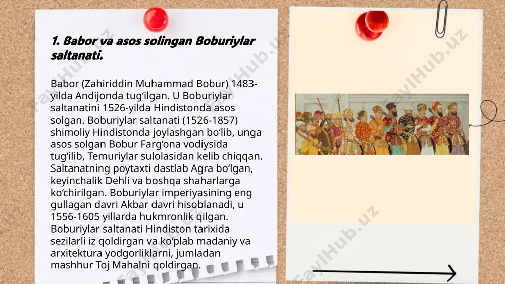 omonidan boshqarilgan. dehli saltanati 1526-yilgacha turli sulolalar, jumladan, quwwat ul-islom masjidi va qutb minor kabi moshtabiyatlar qurgan xudovand bi-llah tomonidan boshqarilgan. 1526-yilda dehli saltanati bobur tomonidan bostirilganidan so'ng, hindiston tarixida hokimiyat boburiylar qo'liga o'tdi. boburiylar saltanati 1858-yilda inglizlar tomonidan tugatilgan. ... t.me/slaydai_bot 7. xvii asrda hindistonning iqtisodiyoti. xvii asrda hindiston iqtisodiyoti asosan qishloq xo'jaligi va hunarmandchilikka asoslangandi. dehli sultonligi va keyinchalik mo'g'ul imperiyasi davrida mamlakat iqtisodiy jihatdan kuchaygan. qishloq xo'jaligida g‘alla, paxta, qand lavlagi va ziravorlar yetishtirilgan. savdo-sotiq dengiz va quruqlik yo‘llari orqali amalga oshirilgan. hindistonning shoyi va paxta matolari yevropa bozorlariga yetkazib berilgan. shuningdek, hind daryosi atrofidagi hududlarda oltin va kumush kabi metallar qazib olingan. xvii asrga kelib, hindiston dunyoning eng nufuzli savdo markazlaridan biriga aylangan edi. ... t.me/slaydai_bot xvii asrda hindistonning iqtisodiyoti, mug‘al imperiyasining eng qudratli davrlaridan biriga to‘g‘ri keladi. bu davrda hindiston jahondagi eng yirik va eng boy iqtisodiy tizimlardan biriga ega bo‘lgan. mug‘al imperiyasi o‘zining siyosiy …