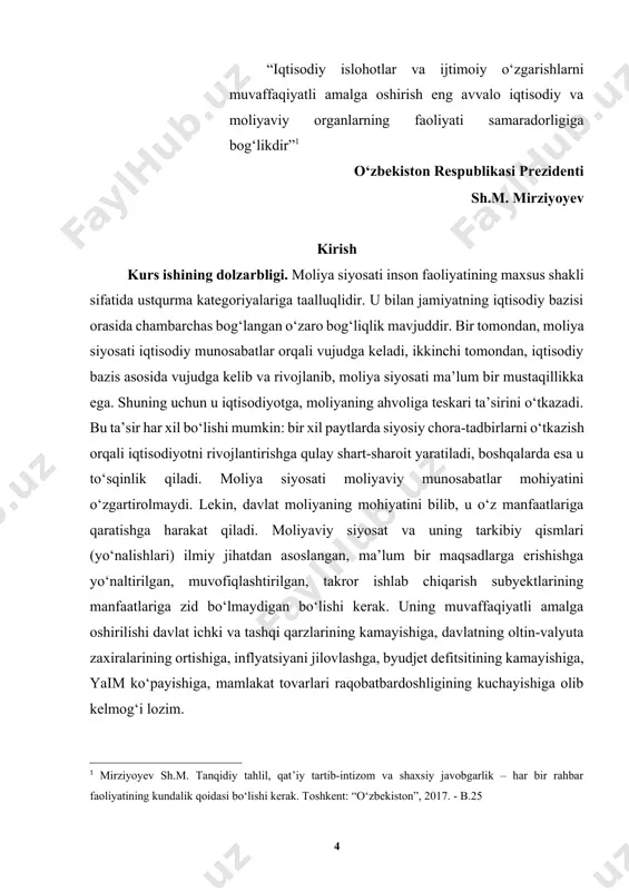 ifatida yangi ish joylarini yaratishga yo‘naltirilgan davlat xarajatlari maydonga chiqdiki, bu narsa bir vaqtning o‘zida bir necha iqtisodiy va sotsial vazifalarning yechilishiga imkon berdi: aholining bandlik darajasi ortdi va aksincha, ishsizlik kamaydi; tadbirkorlik faoliyati o‘sdi; qo‘shimcha talab shakllantirildi; md ko‘paydi (ortdi); sotsial ehtiyojlarni moliyalashtirishda katta imkoniyatlar paydo bo‘ldi va h.k. davlatning iqtisodiyotga aralashuvi davlat byudjeti xarajatlarining oshishiga olib keldi va shunga muvofiq ravishda bir vaqtning o‘zida davlat daromadlarining oshirilishini ta’minlashga qaratilgan moliyaviy choralar ko‘rildi. daromad solig‘i davlat daromadlarini oshirishning asosiy manbaiga aylandi. uni hisoblashda soliqqa tortishning progressiv stavkalari qo‘llanildi. haqiqatdan ham xx asrning 30-60-yillarida keynscha moliyaviy siyosat deb nom olgan siyosat g‘arb mamlakatlarida o‘zining samaradorligini isbotladi. kurs ishining asosiy maqsadi moliya siyosatning mohiyatini aniqlash va uni takomillashtirish bo‘yicha taklif va tavsiyalarni ishlab chiqishdan iborat. ushbu maqsaddan kelib chiqqan holda kurs ishida quyidagi vazifalar belgilanadi: - moliyaning mohiyati va moliyaviy siyosatni amalga oshirish mexanizmini tavsiflash; - o‘zbekiston respublikasi moliyaviy siyosatning asosiy …