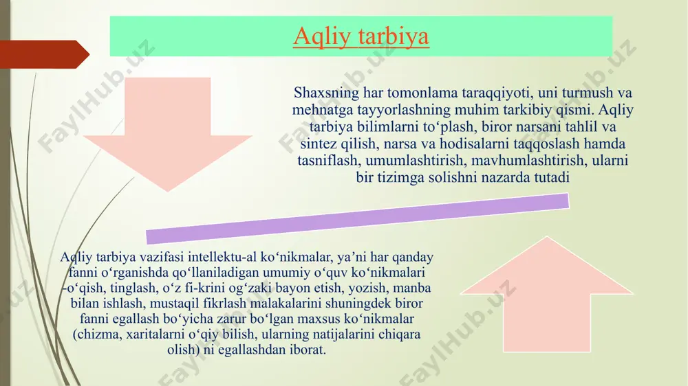 y ta’lim-tarbiya jarayonini ifodalovchi tushuncha ma’naviy tarbiyaning maqsadi ta’limiy maqsadi- o’quvchilarga, dastlabki ilm-fan xususida aniq fikrlar bayon etilgan “avesto”ni va undagi ilmiy tushunchalar, yunon, grek va italiya olimlari, viii asrdan boshlab markaziy osiyolik olimlar, temur va temuriylar, bobur va boburiylar davri, o‘rta asrlarda yevropa olimlari hamda xix-xx asrlardagi fan darg‘alari, ularning tabiiy fanlar fanlar rivojiga qo‘shgan hissalari haqida ma’lumotlarni o’rgatish orqali milliy madaniy merosni tahlil qilish, hurmat qilishga yo’naltirish tarbiyaviy maqsadi- o’quvchilarda yuksak ma’naviyatni -tabiiy fanlarni tarbiyalash vositasiga aylantirish, jamiyat va tabiat o’rtasidagi munosabatlar o’rganish orqali muayyan shaxs, jamoa, muayyan guruh, jamiyat, millatda jismoniy barkamollik,, ruhiy, axloqiy, ma’naviy g’oyalarni singdirish, ma’naviy yetuklik kabi sifatlarni shakllantirishdan iborat rivojlantiruvchi maqsadi-ajdodlarimiz merosi, xalqimizning buyuk durdona asarlarida berilgan tushunchalar, hikmatli so’zlari, ilgari surgan go’yalarini tahlil qila olishi, xulosa chiqarishi, dunyo sivilizatsiyasi va ilmu fani rivojiga ta’sir o‘tkazishini anglash orqali kreativ fikrlash, intellektual salohiyatni rivojlantirishdan iborat axloqiy tarbiya axloqiy tarbiya deganda oʻsib kelayotgan avlodda xulq-odob …