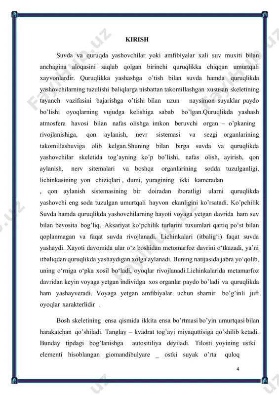 teri ostiga yashiringan, urug’la-nishi ichki. amerika proteyi shimoliy amerika ko’llarida yashaydi. 5) salamandralar kenja turkumi dumlilarning tipik vakillari hisoblanadi, urug’lanishi ichki va uchta oilani o’ziga birlashtiradi. amfiumalar oilasi faqatgina bitta amfiuma to`rini o’z ichiga oladi va shimoliy amerikada tarqalgan. juft oyoqlari nimjon va 2-3 barmoq bilan tugaydi. ko’zlari teri ostiga yashiringan. chin salamandralar oilasiga 40 tacha tur kiradi. qrvoqlari yaxshi rivojlangan, tashqi jabralar faqat lichinkalarida bo’ladi. bu oilaga tritonlar va salamandralar kiradi. o’pkasiz salamandralar oilasi 175 to`rni o’z ichigaoladi. bularningo’pkalari yo’qolib ketadi, shuningdek, kichik qon aylanish doirasi yo’q, chunki yurak bo’lmasi to’siq bilan ajralmagan. oyoqsizlar turkumi — apoda. bu turkumga 60 ga yaqin to`rni o’z ichiga olgan bitta chyervyagalar oilasi kiradi. тashqi ko’rinishiga ko’ra ilonga yoki katta chuvalchangga o’xshaydi (uzunligi 30-120 sm keladi). gavdasidagi halqalar tanani ayrim segmentlarga bo’lib turadi. oyoklari va ularning kamar skletlari yo’q, dumi ham yo’q, kloakasi tananing orqa tomoniga ochiladi. тyerisida mayda-mayda suyak tangachalar bo’ladi, umurtqasi …