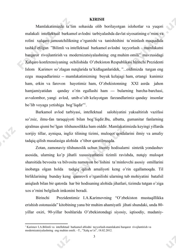 arishlar sodir bo’ldi. ijtimoiy hayotning barcha sohalarida boshlangan tub islohotlar ta’lim sohasini ham chetlab o’tgani yo’q, jumladan o‘zbekiston respublikasining «ta’lim to‘g‘risidagi»gi qonuni, kadrlar tayyorlashning milliy dasturining asosiy vazifalari ham mamlakatimizda xorijiy tillarni mukammal biladigan yuqori malakali, sifatli kadrlar tayyorlashga qaratildi. ayni kunlarda 2011 – 2016 yillarda oliy o’quv yurtlarini rivojlantirish dasturi ishlab chiqilayotganining o‘zi ham oliy ta’lim sohasida qilinayotgan yangilanishlarning yana bir isbotidir. “dasturdan ko’zlangan asosiy maqsad – oily ta’lim muassasalarining moddiy – texnik bazasini yanada mustahkamlash, ularni zamonaviy o’quv, laboratoriya va ilmiy uskunalar bilan jihozlash, pirovardida o’quv dasturlarini takomillashtirish, tobora kuchayib borayotgan zamon talablariga javob beradigan kadrlarni tayyorlashda sifat jihatidan yangicha yondashuvlarni hayotga tatbiq etishdan iborat”[footnoteref:2]1. [2: 2 karimov i.a. barcha va reja dasturlarimiz vatanimiz tarqqiyotini yuksaltirish, xalqimiz faravonligini oshirishga xizmat qiladi. prezident i.a.karimovning 2010 yilda mamlakatimizni ijtimoiy-iqtisodiy rivojlantirish yakunlari va 2011 yilga mo’ljallangan eng muhim ustuvor yo’nalishlarga bag’ishlangan o’zbekiston respublikasi vazirlar mahkamasining majlisidagi ma’ruzasi \\ ma’rifat, 2011 yil …