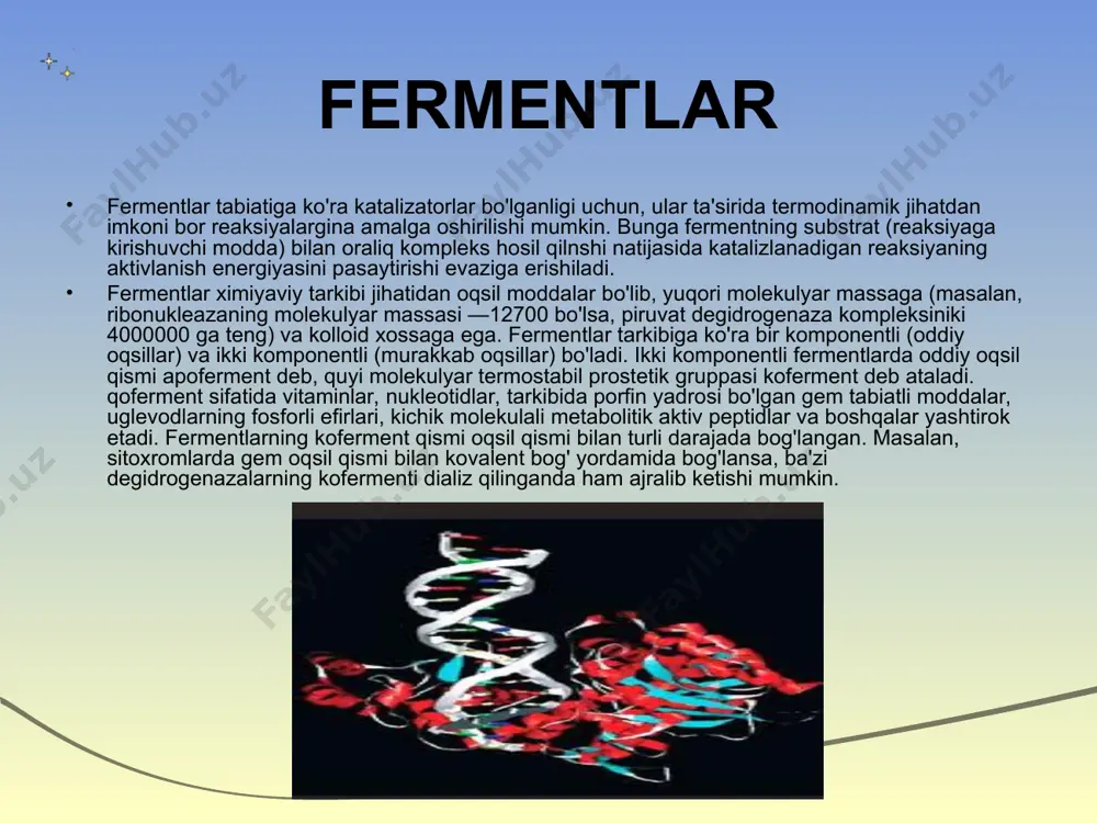 ish ishlari 0 c atrofida (sovuq xonalarda), agar organik erituvchilar ishlatilsa, 0 dan past (1 — 2 — 5°c da) temperaturalarda olib borilishi kerak. aks holda ferment aktivligini yo'qotib qo'yadi. hozirgi vaqtda mingdan ortiq fermentlar ma'lum bo'lib xalqaro bioximklar ittifoqining fermentlar bo'yicha komissiyasi 1961 yilda ularning klassifikasiyasi va nomlanishini ishlab chiqqan. har bir fermentning nomeri to'rtta sondan tarkib topib, bu sonlar turli ma'noni anglatgani uchun nuqtalar bilan ajratilgan. fermentlarga xos reaksiyalar anorganik katalizatorlar bilan fermentlar ta'sirini taqqoslash kerakli asbob va reaktivlar: shtatiz, probirkalar, pipetkalar, naq o'tkazilgan probka, gaz gorelka yoki spirt lampasi, suv termometri, suv hammomi, kraxmalning 1% li eritmasi, xlorid kislotaning 10% li eritmasi, lyugol eritmasi, natriy gidroksidning 10% li eritmasi, mis (ii)- sulfatning 1% li eritmasi, kraxmalning 0,3 m natriy xloriddagi 1% li eritmasi, distillangan suv, 10 marta suyultirilgan so'lak. fermentlar anorganik katalizatorlardan bir qancha xossalari bilan farq qiladi. fermentlar yuqori darajada o'ziga xos biologik katalizatorlardir. ular o'rtacha …