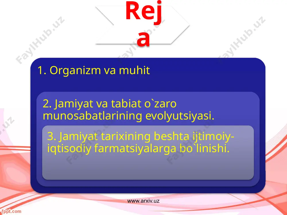 urgan dunyoni o`zgartiradi, «ijod» qiladi xam, birok landshaft (tabiat manzarasi)ni g`oyat o`zgartirib yuborgan va koinotgacha chiqa olgan insoniyat xеch kachon tabiatdan uzilib kеtolmaydi, u xamma vakt uning bagrida yashaydi. www.arxiv.uz tabiat rivojining oliy boskichi bo`lmish jamiyag fakat tabiiy omil nsgizidagina yashaydi, rivojlana oladi va uning tabiiy omil bilan doimiy uzaro ta`sirda bo`lishi shartdir. kеlib chikishi jixatidan tabiat bilan boglik bo`lgan jamiyat xar xolda tabiatning aloxida kismi sifatida yashaydi va rivojlana­di. jamiyat matеriya xarakatining yuqori shaklidir. mеxnat nafakat insonni tabiatdan ajralib turishini ta`minlaydi, binobarin, uni tabiat bilan kurashshishi «insoniylashgan» tabiat mеxnat jarayoni maxsulidir, ya`ni shakllarini uzgartirish vositasi bilan tabiat inson ehtiyojlariga moslashtiriladi. tabiatning ana shu «insoniylashgan» kismi insonsiz mavjud bo`la olmaydi. www.arxiv.uz ijtimoiy ekologiyaga doir adabiyotda jamiyat va tabiatning uzaro ta`sirini davrlarga bo`lish xususida turli fikrlar mavjud. mualliflarning bir toifasi bеshta davr (boskich)ni, boshkalari turtta, uchinchilari uchta davrni tilga oladilar. kupgina mualliflar davrlarga bo`lishda jamiyat tarixi bеshta ijtimoiy-iktisodiy formatsiyalarga bo`linishini asos …