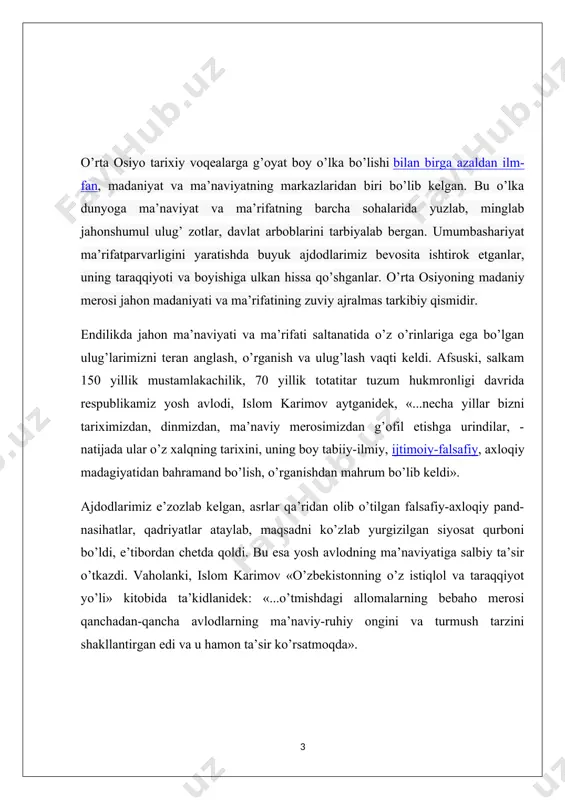di. /arb uyg’onish davri uchun feodalizmga, dinga qarshi kurash xos bo’lsa, sharqda masalaning g’arbdagidek keskin qo’yilishini ko’rmaymiz. sharq va /arb uyg’onishi uchun umumiy xususiyatlar antik davrga murojaat qilish, uni qayta tiriltirish, tabiiy fanlar rivoji, fanda universallikni (qomusiylik), gumanizmni targ’ib etish va boshqalarda namoyon bo’ladi. sharq renessansi davri quyidagi umumiy xususiyatlarga ega: 1) madaniyat, dunyoviy fanlar va islom aqidashunoslikgining taraqqiyoti; 2) yunon, rum, fors, hind va boshqa madaniyatlar yutuqlariga suyanish; 3) astranomiya, matematika, minerologiya, jug’rofiya, kimyo va boshqa tabiiy fanlar rivoji; 4) uslubda (metodologiya)- rastionalizm, mantiqning ustunligi; 5) insoniy do’stlik, yuksak axloqiylikning targ’ib etilishi; 6) falsafaning keng darajada rivoj topishi; 7) adabiyot, she’riyat, ritorikaning (notiqlik) keng rivoji; 8) bilimdonlikning qomusiy xarakterda ekanligi. bu davrga kelib, avvalo o’rta osiyo, eron, iroq va suriya ilmu-fan va madaniyatning yirik o’chog’iga aylandi. xorazm, buxoro, xirotda yirik ilmiy markazlar tashkil topdi. xorazmiy, farobiy, ibn sino, farg’oniy, beruniy, imom al-buxoriy, imom moturudiy, imom iso at-termiziy, hakim at-termiziy, …