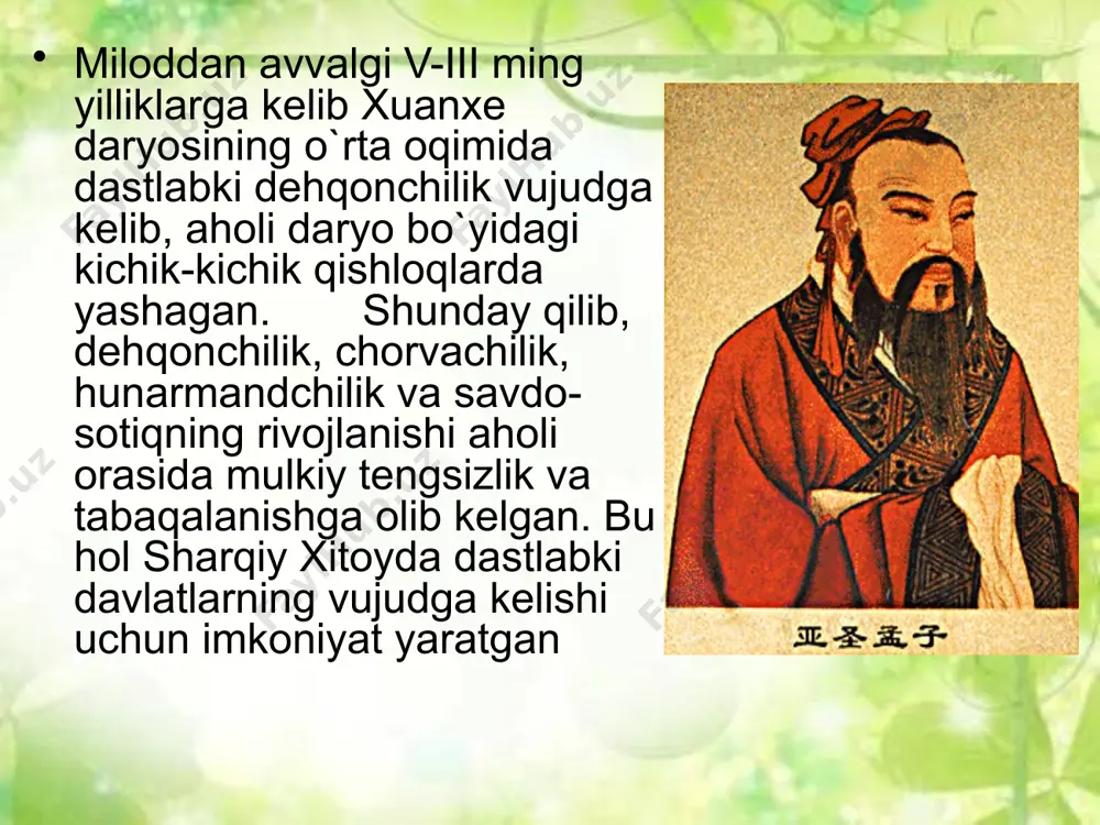 ". konfutsiylik va legizmning qo’shilishi shunga olib keldiki, „li“ me’yorlari endi majburiylik va rasmiylik xarakterini olgan, huquqqa esa o’sha vaqtda muqaddaslashtirilgan ko’pgina konfutsiylik asarlari — „chjou li“, "i li ", „li szi“ kabilar ko’chirilgan. bu asarlarda miloddan avvalgi 1 ming yillik 2-yarmi boshlaridayoq konfutsiylarning axloq me’yorlari sistemalashtirilgan va mustahkamlangan edi. „qonunlar obzori“ qadimgi xitoyda miloddan avvalgi 536 yilga taalluqli „qonunlar obzori“ ilk yozma qonunlarga yorqin misol bo’la oladi. unda jinoyatlar uchun jazolarning quyidagi beshta turi: tamg’a bosish, burnini kesish, bitta yoki ikkala oyog’ini kesish, kastratsiya (axtalash, bichish) va o’lim jazosi berish nazarda tutilgan edi. bu jazolar keyinchalik eng ko’p tarqalgan jazo turlari bo’lib qolgan. miloddan avvalgi v-iv asrlarda legistlarning ilg’or vakillaridan biri li kuy tomonidan tuzilgan „vey podsholigi qonunlari kitobi“ qadimgi xitoydagi ilk qonunlar to’plamlaridan muhimi hisoblanadi. qadimgi xitoyda majburiyatlarning shartnomalardan kelib chiqadigan turi keng tarqalgan. huquqiy manbalarda shartnomalarning xilma-xil turlari eslab o’tilgan. dastlabki shartnomalardan biri ayirboshlash bo’lib, u asta-sekin …