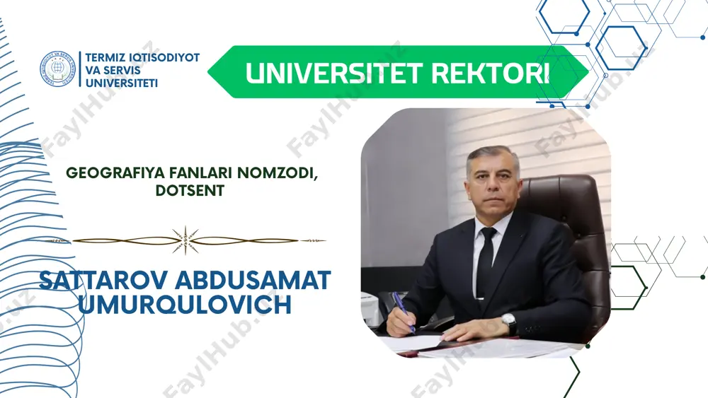 iversiteti abdinabiyev hikmatilla ehsonovich pedagogika va psixologiya kafedrasi mudiri termiz iqtisodiyot va servis universiteti avliyaqulov tolib xolmurodovich pedagogika fanlari bo‘yicha falsafa doktori, dotsent maktabgacha va boshlang‘ich ta’lim kafedrasi mudiri termiz iqtisodiyot va servis universiteti ismoilov bobur toxirovich pedagogika fanlari bo‘yicha falsafa doktori rus tili va adabiyoti kafedrasi mudiri termiz iqtisodiyot va servis universiteti sattarova yelena anatolevna filologiya fanlari bo’yicha falsafa doktori, dotsent tarix kafedrasi kafedrasi mudiri termiz iqtisodiyot va servis universiteti yormatov faxriddin joylovovich tarix fanlari nomzodi, dotsent ijtimoiy-gumanitar fanlar kafedrasi mudiri termiz iqtisodiyot va servis universiteti eshkurbonov sirojiddin bozorovich tarix fanlari bo’yicha falsafa doktori xorijiy til va adabiyoti kafedrasi mudiri termiz iqtisodiyot va servis universiteti uralova oysuluv poyon qizi fililogiya fanlari falsafa doktori (phd), dotsent jismoniy madaniyat kafedrasi mudiri termiz iqtisodiyot va servis universiteti usmonov mansur kurbonmuratovich pedagogika fanlari bo’yicha falsafa doktori, dotsent fakultetlararo chet tili kafedrasi mudiri termiz iqtisodiyot va servis universiteti abdinazarov o‘ktam qushoqovich image9.png image1.png image2.svg …