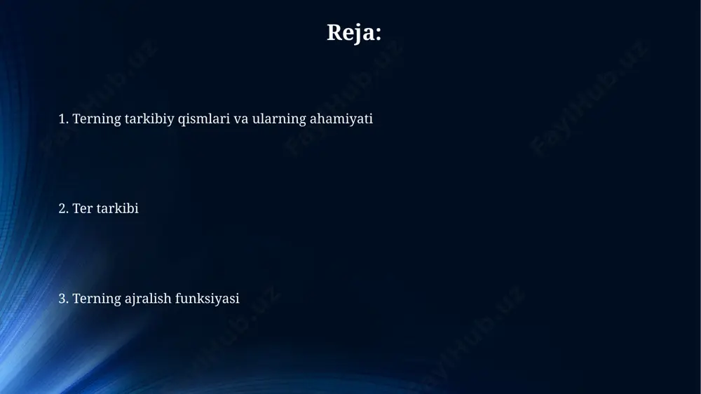 a organizmni sovutish bilan bir qatorda, chiqindi mahsulotlarni chiqarishni kuchaytiradi. terning tarkibida 99% suv bo'lsa-da, qolgan 1% mineral tuzlari (natriy xlorid, kaliy, kaltsiy), siydik kislotasi va ammiak kabi metabolik chiqindilarni o'z ichiga oladi, bu terining chiqindilarni organizmdan chiqarishdagi rolini ko'rsatadi. terlash orqali taxminan 1 dan 4 litrgacha suv, shuningdek, elektrolitlar, masalan, natriy va kaliy yo'qolishi mumkin, bu esa organizmning suv-tuz balansini saqlashda terning ahamiyatini ta'kidlaydi. ter bezlari terning tarkibida 99% suv bo'lsa-da, qolgan 1% da siydik kislotasi, ammiak kabi 10 dan ortiq azotli birikmalar mavjud. ter bezlari terlash orqali organizmdan taxminan 0,5-1 litr suv, elektrolitlar (natriy, kaliy) va metabolik chiqindilarni chiqarib tashlaydi, bu esa termoregulyatsiyada muhim rol o'ynaydi. ter bezlari, taxminan 2-5 million dona boʻlib, tananing deyarli hamma joyida, lekin ayniqsa qo'ltiq osti va peshonada zich joylashgan. ter tahlili ter bezlari orqali chiqariladigan ter miqdori kuniga 0,5 dan 1,5 litrgacha yetishi mumkin, bu atrof-muhit harorati va jismoniy faollikka bog'liq. terning …