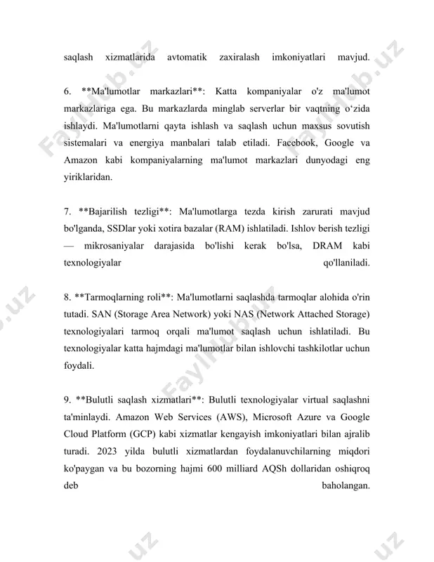 ladi va minglab serverlarga tarqalgan haqsiz uzluksizlikni ta'minlaydi. ma'lumotlarni qayta ishlash texnologiyalarida yana bir muhim yo'nalish - bulutli hisoblash tizimlari. amazon web services (aws), microsoft azure va google cloud platform kabi bulutli xizmatlar kompaniyalar va tashkilotlarga katta hajmdagi ma'lumotlarni saqlash va qayta ishlashda ko'maklashadi. faqat bitta sharlotte analytics kompaniyasi 2022 yilda bulutli xizmatlar orqali har oyda o'rtacha 5 petabayt ma'lumotni qayta ishladi. kaliforniya shtatida joylashgan bir tadqiqot instituti 2023 yilda amalga oshirgan izlanishlariga ko'ra, dunyo bo'ylab tashkilotlar ma'lumotlarni qayta ishlash dasturlariga har yili o'rtacha 200 milliard aqsh dollari sarflamoqda va bu ko'rsatkich yildan-yilga o'sib bormoqda. ushbu mablag'larning katta qismini gartner kabi kompaniyalar bozorni tadqiq qilish va turli xizmatlarni taqdim etish uchun ishlatmoqda. 2022 yilning statistikasiga ko'ra, ma'lumotlarni qayta ishlash dasturlaridan foydalanish global miqyosda 50 foizdan ortiqqa yetgan. yoshlar orasida ma'lumotlarni qayta ishlash va ularni tahlil qilish sohasiga qiziqish tobora ortib bormoqda. bu esa kelajakda ushbu sohaga yanada ko'proq mutaxassislar jalb …