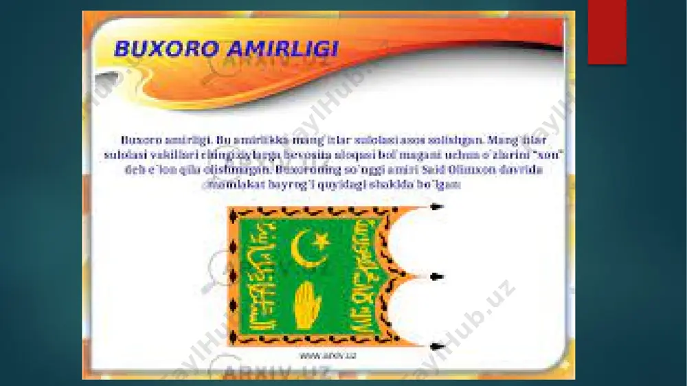 `q edi. “eshik og`osi” – amir saroyining posbonligi va muhofazasi, hamda shofirkon tumaning hukumati va mirobligi uning zimmasida edi. chig`atoy begi – chig`atoy jamoasining boshlig`i “to`qsoba” – amir dasturxoni ustiga idish-tovoqlarni tartib bilan qo`yib, amirga sharbat, ayron va yaxob quyib bergan. “mirioxuri kalon” – katta miroxur. amir otxonasi boshlig`i. quyidagi amaldorlar saroyga piyoda kirib borganlar. martabalari “inoqi xurd” darajasiga yaqin bo`lgan. bular qo`rchiboshi – surp(qo`rg`oshin), borud zahiralarining tayyorlashiga javob berardi. ba`zi ariqlarning mirobligi ham unga berilardi. “udaychi” – urush va yurishlar vaqtida sarbozlarni saf-saf tartibga solar, naqib maslahati bilan mulozim va xizmatkorlar bilan ta`minlardi. – qorovullar, posbon va soqchilar boshlig`i. davlat xavfsizligiga javobgar edi. to`shakxona mehtari – qo`shin va askarlarini zarur bo`lgan kiyim-kechaklar bilan ta`minlagan, maoshlarni xazinadan bergan. image6.jpg image7.jpg image8.jpg image9.png image10.jpg image11.jpg image12.jpg image13.jpg image14.jpg image2.png image3.png image4.png image5.png /docprops/thumbnail.jpeg