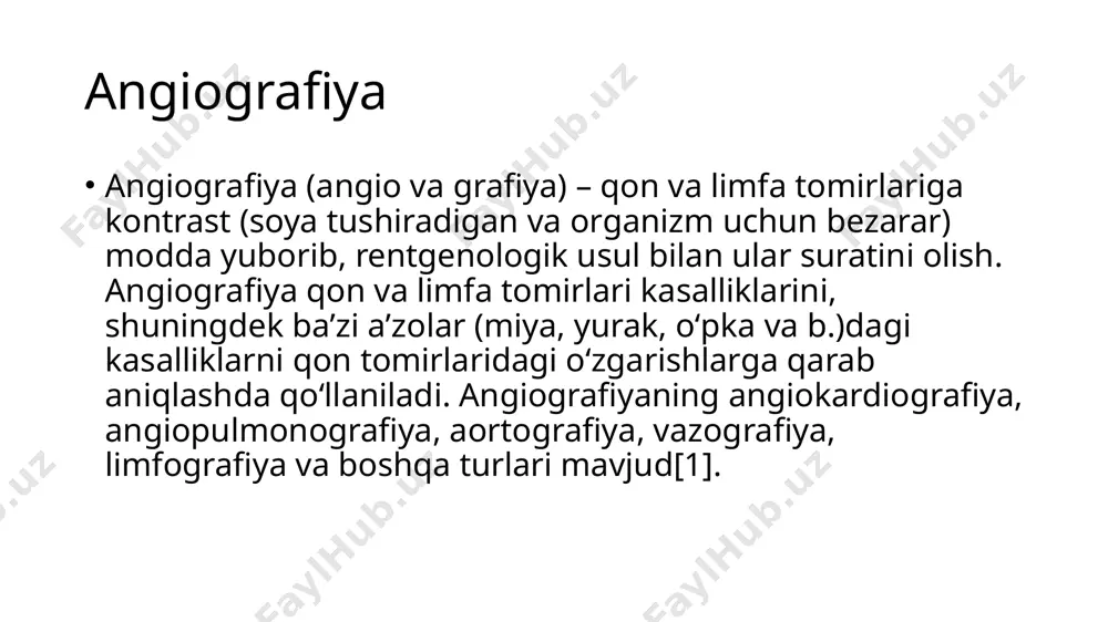 orqali katta koronar arteriyaga uzatiladi. koronar arteriyalar ichida oqayotgan qon ichidagi vaqtinchalik radiokontrast taqsimotining rentgen tasvirlari arteriya teshiklarining oʻlchamini koʻrishga imkon beradi. arteriyalarning devorlarida ateroskleroz yoki atzeroma mavjudligi yoki yoʻqligi aniq belgilanishi mumkin emas. odatda kateter katakka kiritiladi va protsedura boshlanishidan oldin bu joy tozalanadi va sochiladi. shu bilan birga, har bir bemorga qarab, uni qoʻlga qoʻyish mumkin. bemor rentgen stoliga yotadi va unga lokal behushlik beriladi. toʻgʻri tasvirlarni olish uchun, bemorni harakatsiz ushlab turish uchun kamar ishlatilishi mumkin. keyin kateter chanoqqa yoki qoʻlga kiritiladi va qon tomirlari orqali boshqariladi. miya angiografiyasitahrir miya angiografiyasi anomalliklarni, shu jumladan arteriovenoz malformatsiyalar va anevrizmalarni aniqlash uchun miya ichidagi va uning atrofidagi qon tomirlarining tasvirini beradi.[6] miya angiografiyasining keng tarqalgan usullaridan biri bu neyro-tomir raqamli olib tashlash angiografiyasi.[7][8] periferik angiografiyatahrir angiografiya, shuningdek, oyoq va oyoqlarda qon oqimining kamayishi natijasida paydo boʻlgan oyoq kramplari yoki kramplari boʻlgan bemorlarda toraygan tomirlarni aniqlash uchun ham amalga oshiriladi; …
