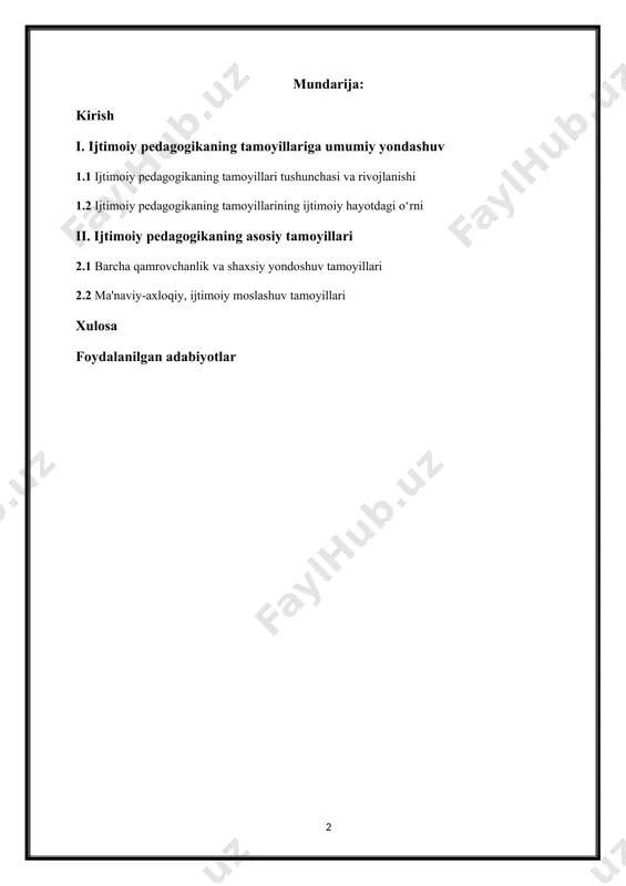 arini ta'lim jarayoniga samarali tatbiq etish usullarini aniqlashdir. shu maqsadda, ijtimoiy pedagogikaning asosiy tamoyillari, ularning ta'lim va tarbiya jarayonidagi roli, shaxsni rivojlantirishdagi ahamiyati va amaliyotdagi qo‘llanishi batafsil tahlil qilinadi. ijtimoiy pedagogikaning tamoyillari — bu ushbu sohaning asosiy yo‘nalishlarini, uning metodlarini, o‘quvchilarga nisbatan yondoshuvlar va ijtimoiy munosabatlarni shakllantirishda qo‘llaniladigan prinsiplardir. bu tamoyillar ijtimoiy pedagogikaning turli vazifalarini amalga oshirishda asos bo‘lib, jamiyatda ijtimoiy barqarorlikni ta'minlash, shaxsni rivojlantirish va jamiyatga qo‘shilish jarayonlarini boshqarishda qo‘llaniladi. ijtimoiy pedagogikaning tamoyillari nafaqat o‘quvchilarning ta'lim-tarbiya jarayoniga, balki jamiyatdagi boshqa ijtimoiy qatlamlarga ham taalluqlidir. ular shaxsni axloqiy-ijtimoiy rivojlantirish, jamiyatda o‘z o‘rnini topish, boshqalar bilan aloqalarni samarali tashkil etish, jamiyatga ijtimoiy moslashuvni ta'minlash kabi vazifalarni bajarishga yo‘naltirilgan. ushbu kurs ishida ijtimoiy pedagogikaning tamoyillari, ularning jamiyatdagi o‘rni va ahamiyati, shuningdek, tamoyillarni pedagogik amaliyotda qanday qo‘llash mumkinligi haqida batafsil ma'lumot beriladi. shuningdek, ijtimoiy pedagogikaning tamoyillari asosida shaxsning ijtimoiy moslashuvi, ijtimoiy faolligi va jamiyatda o‘z o‘rnini topishi bilan bog‘liq muammolar ham ko‘rib chiqiladi. …