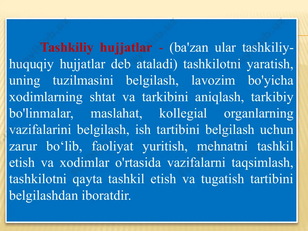 yig‘ilishlari qarorlarini qabul qilish va rasmiylashtirish, ularni ijrochilarga yetkazish tartibini belgilaydi. nizom tashkilot rahbari yoki kollegial organ rahbari tomonidan tasdiqlanadigan hujjat turi ko'rsatilgan tashkilotning umumiy blankida tuziladi. ichki mehnat qoidalari - tashkilot ishini tashkil etish, xodimlar va ma'muriyatning o'zaro majburiyatlari, ta'tillar berish, xodimlarni ish joyiga yuborish, ish joyidagi rejim va boshqa masalalarni tartibga soluvchi huquqiy hujjat. qoidalar tashkilotning umumiy blankida hujjat turi ko'rsatilgan holda tuziladi, kadrlar xizmati rahbari tomonidan imzolanadi, mehnat jamoasi yig'ilishida kelishiladi va tashkilot rahbari tomonidan tasdiqlanadi. n i z o m tashkilot yoki uning tarkibiy bo’linmalari, kichik yoki qo’shma korxona va shu kabilar tuzilishi, huquqi, vazifalari, burchlari, ishni tashkil qilishlari tartibotini bеlgilaydigan huquqiy hujjat nizom deyiladi. nizom ayrim mansabdor shaxslarga va turli tadbirlar (ko’rik, musobaqa, tanlov va boshqalar)ga nisbatan ham tuzilishi mumkin. ko’pincha nizom muassasalar ta’sis etilishi yoki tashkil topishi paytida tuziladi va yuqori tashkilotlar farmoyoishi bilan (yoki tеgishli hokimiyat tomonidan) tasdiqlanadi. muassasalarning tarkibiy qismlari ularning rahbarlari …