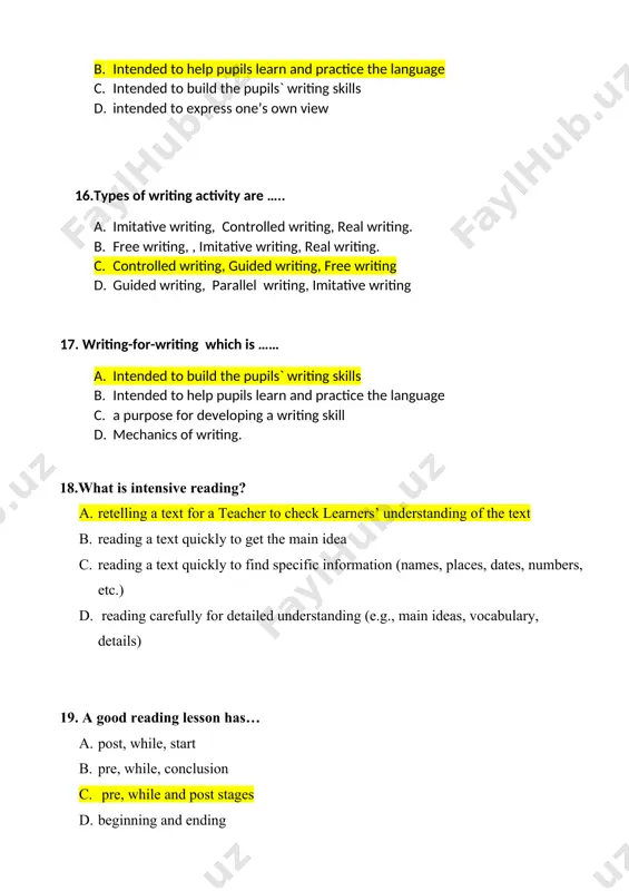non- communicative tests? a. dictation and cloze tests b. dictation and essay writing c. role- play and letter writing d. problem solving and oral interview 28. what are the communicative tests? a. role- play and letter writing b. dictation and cloze tests c. dictation and essay writing d. oral interview and cloze tests. 29. imitative writing performance is to assess…… a. discourse level b. grammatical features c. vocabulary within a context d. the ability to spell correctly and to perceive phoneme –grapheme correspondence. 30. what are the literacy tasks at the beginning level of reading? a. reading aloud and written response. b. extending and compression c. note –taking and outlining d. picture- cued and note –taking