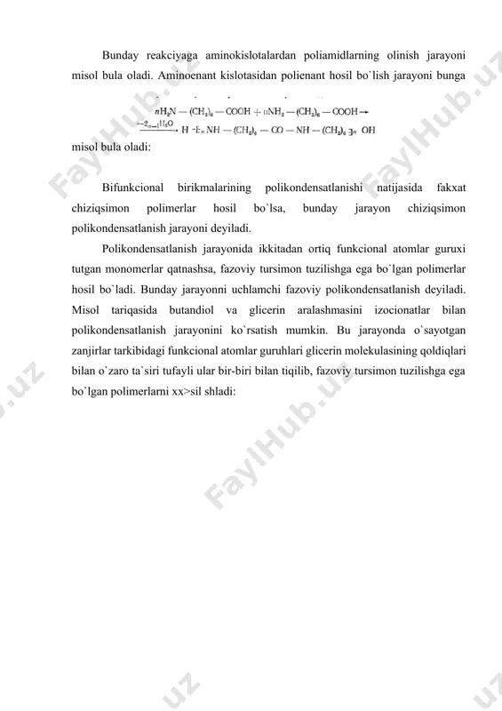igi uchun erituvchi mole-kulalari ularni bir- biridan ajrata olmaydi. saqichsiadon moddaning hosil bo`lish nukxtasida molekulyar massaning o`rtacha soniy qiymati unchalik katta bo`lmay, o`rtacha vazniy ciymati cheksizlikka intiladi, ya`ni yuqori molekulyar massaga ega bo`lmaydi. eriydigan mahsulotning mikudori sahichsimon modda hosil qilish nuqtasiga erishilgandan keyin keskin kamayadi; qovushoq reakcion aralashma oldiniga elastik yumshoq, keyin esa suyuq-lanmaydigan va erimaydigan mahsulotga— katronga aylanadi. pirovardida, reakciyaga faolligi kuchliroq funkcional guruhlar ning makromolekula turi ichida bir-biridan uzoq joylash-gani uchun ularning ko`pchiligi jarayon davrida saqlanib usladi, ya`ni chiziksimon polikondensaciyalanish jarayoniga nisbatan uchlamchi polikondensatlanish jarayonida qatnashayotgan monomer-larning funkcional aktiv guruxugaridan foydalanish darajasi kam bo`ladi. uchlamchi polikondensatlanish va polimerlanish ja-rayonlariii amaliyotda qullanilganda ayrim xollarda uchta mu-him boskichlarga e`tibor beriladi. birinchi boskich: r rkr) hosil bo`lgan polimer suyuqlanmaydi vi erituvchilarda erimaydi. ko`pchilik xrllarda jarayonni ma`lum sharoitlarda utar ho-latda tuxtatib, reakcion massani kizdirib yoki ma`lum mikdor-da monomerlar yoki katalizatorlar qushish bilai reakciyani qaytadan davom ettirish mumkin. bu utar holat boskichini po-limerlarni …