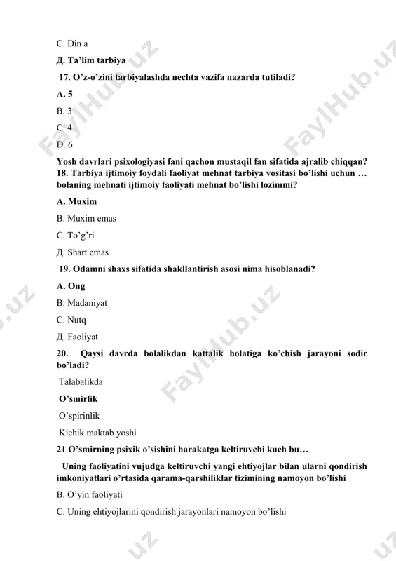 ’ladi. bu qaysi davrga to’g’ri keladi? ilk o’spirinlik ilk bolalik o’smirlik chaqaloqlik 36. prepubertat nima? balog’atga yetishdan oldingi davr balog’atga yetish davri balog’atga yetishdan keyingi davri qarilik davri 37. tajriba metodi birinchi bor kim tamonidan nechanchi yilda fanga kiritilgan? 1805-yilda j. peaje 1305-yil a.kant 1983-yil d.b. el`konin 1910-yil a.f. lazurskiy 38. anketa metodi qanday usulda o’tkaziladi va nechta guruhga bo’linadi? turli aqliy o’yinlar asosida, 2 turli ommaviy so’roq asosida 3 turli sinalovchining o’ziga bildirmagan xolda chetdan kuzatish 3 turli sinalovchi qiziqan fan asosida savollar berish orqali 5 turda 39. psixologiyada test metodini qaysi olimlar kashf qilgan? i.a. menchinskaya v.shtern a.bine, a.simon a.n.gvozdev, v.shtern 40. ilk o’spirinlik davr necha yoshlarni o’z ichiga oladi 16 yoshdan 17-18 yoshgacha 10 -11 yoshdan 13-14 yoshgacha 12 -13 yoshdan 15-16 yoshgacha 18 yoshdan keyingi davrlarni 41. kishilar psixikasini ommaviy so’rov asosida o’rganish qaysi metod orqali olib boriladi kompleks anketa test eksperiment 42. psixik xususiyatlarni tabiiy …