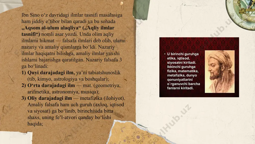 z hayot kechirish insonga ham jismoniy ham ruhiy tomondan salbiy ta’sir etishini to‘g‘ri talqin etadi. ... t.me/slaydai_bot ibn sino aqliy, axloqiy tarbiya bilan bir qatorda inson kamolotida jismoniy tarbiyaning muhim abamiyatini ham nazariy, ham amaliy jihatdan tahlil etadi. ibn sinogacha insonning kamolga yetishida jismoniy tarbiyaning ta’siri haqida bir butun, yaxlit, ta’limot yoritilmagan edi. ibn sino birinchi bo‘lib jismoniy tarbiyaning ilmiy pedagogik jihatdan bir butun tizimini yaratdi. u o‘z ilmi, merosi bilan o‘rta asr sharqining ilmiy madaniy qudratini butun dunyoga namoyon qildi. butun insoniyat madaniyatining rivojiga ulkan hissa qo‘shdi. shuning uchun ham ibn sino jahon madaniyatining buyuk siymosi, insoniyat uchun hurmat qilgan olim, buyuk tabib, eng katta faylasuf, tabiatshunos, insonshunos, mashhur ensiklopedist sifatida tan olindi. abu ali ibn sinoning ta'lim tarbiya haqidagi fikrlari turdialiyeva farogʻat e'tiboringiz uchun rahmat! image1.png image2.png image3.png image4.png image5.jpeg image6.jpeg image7.jpeg /docprops/thumbnail.jpeg