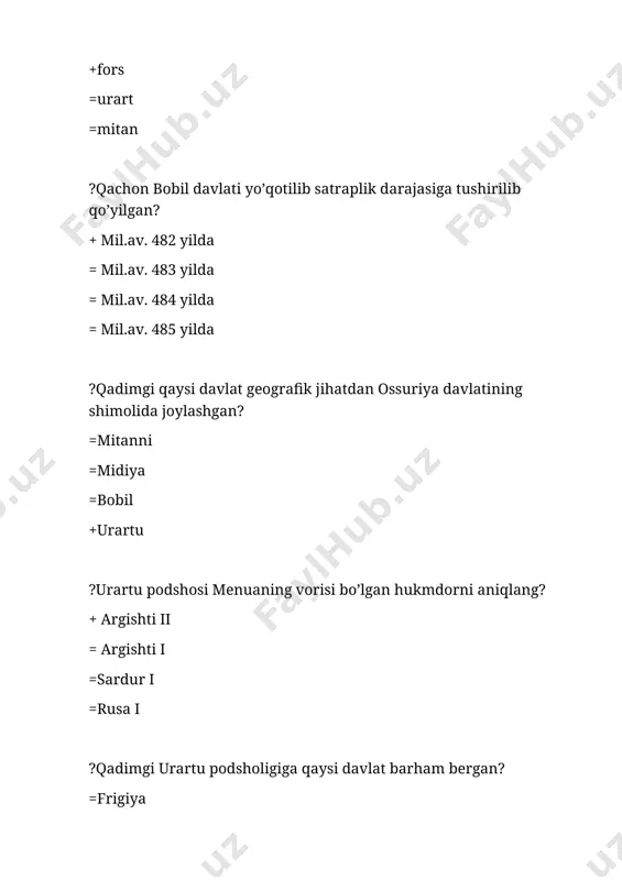 chinchi asrga kelib uzil kesil qaror topgan? =xix asr =xvi asr +xviii asr =xvii asr ?miloddan avvalgi vi-iii asrlarda g’arbiy germaniya va fransiya hududlarida yashagan qabilani aniqlang. =lotinlar =tusklar =iberlar +gallar ?fransiyaning turli hududlarida ix asr oxirida qancha tanga pullar zarb qilinar edi? +200 dan ortiq =200 ga yaqin =150 ga yaqin =100 dan ortiq ?qachonga kelib fransiyaning butun hududini nafaqat juda ham katta yoki birmuncha yirik gеrsoglik va grafliklarga, balki son-sanoqsiz mayda va juda ham kichik fеodal mulklarga bo’linib kеtishi sodir bo’ladi? +x-xi asrlar =ix-xi asrlar =x-xii asrlar =xi-xii asrlar ?o’rta asrlarda qaysi davlatda “talya” nomli soliq joriy etilgan? =angliya +fransiya =muqaddas rim imperiyasi =kiyev-rusi ? o’rta asrlarda fransiyada erkin dehqonlar qanday nomlangan? =talya =banalitet +villan =provansal ?ummaviylar davrida xalifalik poytaxti qaysi shahar bo’lgan? +damashq =madina =makka =bag’dod ?arab xalifaligi davrida qaysi hududda sug’oriladigan yerlar kam bo’lganligi tufayli o’sha hudud chorvachilikka ixtisoslashtirilgan? +najd =yaman =hijoz =yasrib ?qaysi arab xalifasi …
