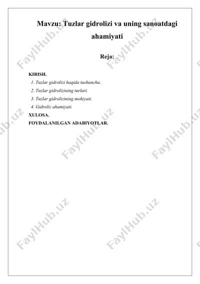 tuzlar gidrolizi va uning sanoatdagi ahamiyati — DOCX