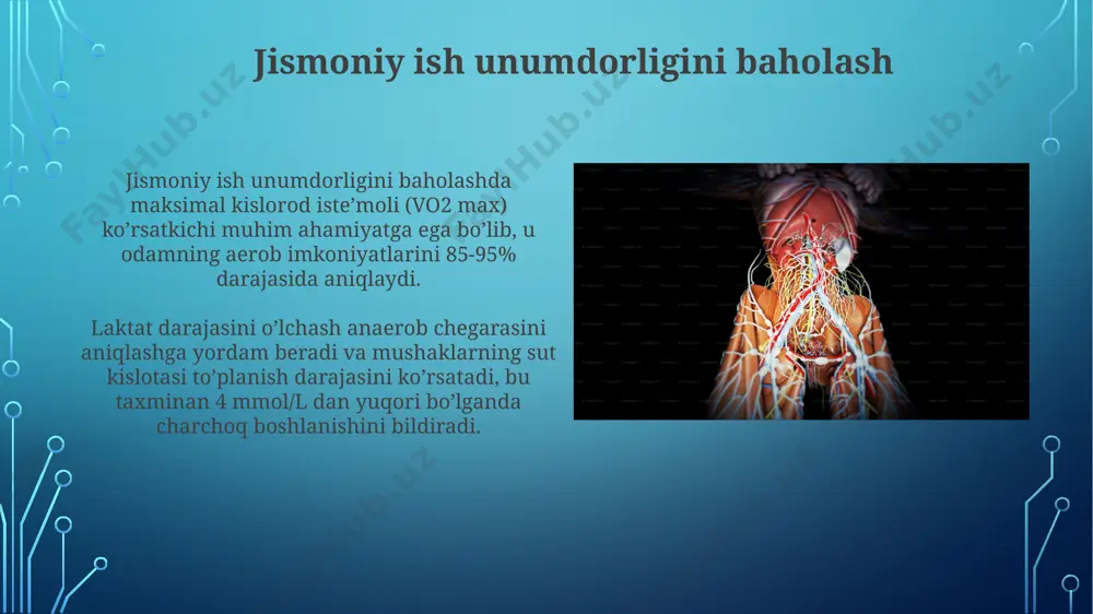lashda ishlatiladi, normal ko'rsatkichlar 3.5-5.5 mmol/l oralig'ida bo'ladi va jismoniy yuklama ta'sirida o'zgaradi. laktat konsentratsiyasini qon zardobida aniqlash jismoniy yuklama paytida anaerob glikoliz darajasini aks ettiradi, 4 mmol/l dan yuqori ko'rsatkichlar kuchli mushaklarning charchoqini ko'rsatadi. funksional sinovlar funksional sinovlar yurak urishi chastotasini (odatda, daqiqada urishlar soni bilan o‘lchanadi), qon bosimini (sistolik va diastolik bosim mm sim. ust. bilan) va nafas olish tezligini (daqiqada nafas olish soni) aniqlash orqali jismoniy yuklamani baholashda muhim rol o‘ynaydi. maksimum kislorod iste'moli (vo2 max) – jismoniy mashqlar paytida tananing kisloroddan foydalanishining maksimal miqdorini o‘lchaydigan muhim ko‘rsatkich bo‘lib, individual chidamlilik darajasini aniqlashga yordam beradi. jismoniy ish vaqtidagi organizm funksiyalarining baholashning ahamiyati yurak-qon tomir tizimi, nafas olish tizimi va mushak-skelet tizimining ko'rsatkichlarini baholash orqali, jismoniy yuklamalarning optimal darajasini aniqlash va haddan tashqari zo'riqishning oldini olish mumkin. organizmning funksiyalariga ob'ektiv baho berish, individual mashq dasturlarini tuzish va sportchilarning tayyorgarlik jarayonini samarali boshqarish uchun muhim ahamiyatga ega. ma'lumotlarni tahlil …