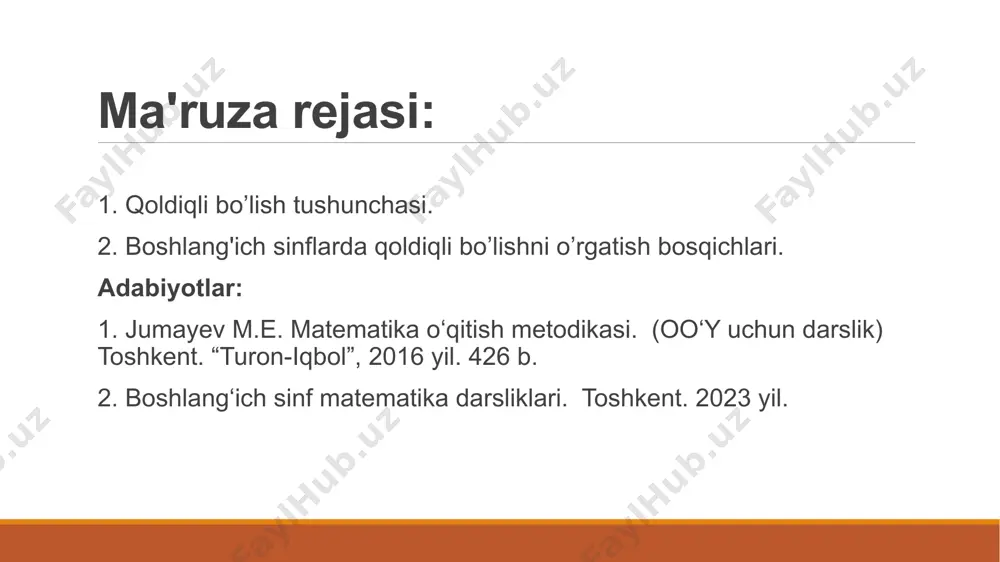tib qoladi? yozma bo‘lish yechilishini tushuntiring: 346:2 = 3 ni 2 ga bo‘lib, bo‘linmaga 1 yoziladi. qoldiq 1, yoniga 4 tushiriladi. 14 ni 2 ga bo‘lib, natija 7 yoziladi. 6 tushiriladi va 2 ga bo‘lib, natija 3 yoziladi. 346 2 2 173 14 14 yechilishini tushuntiraylik 7674:6 = 7 ni 6 ga bo‘lib, bo‘linmaga 1 yoziladi. qoldiq 1 yoniga 6 tushiriladi. 16 ni 6 ga bo‘lganda, 16 ga yaqin 6 ga bo‘linuvchi son 12 topiladi, 12:6=2 bo‘linmaga yoziladi. 16-12=4, yoniga 7 tushiriladi va 47 ni 6 ga bo‘lib, natija 7 yoziladi. 47-42=5 (qoldiq), yoniga 4 tushadi. 54:6=9. natija 1279. image2.png /docprops/thumbnail.jpeg