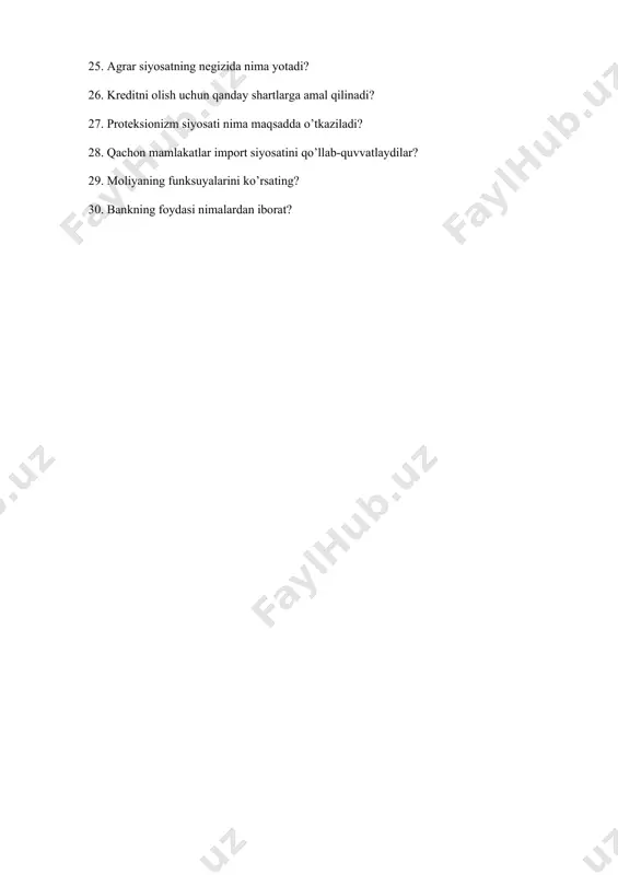 i ishlatiladi? 7. iqtisodiy tizimlarning uch turi — bular ... 8. iqtisodda talab bu ... 9. yer maydonini ijaraga berishdan olingan pul ... 10. bozor iqtisodiyotida narxlar ... 11. bozorda tovar ortiqchaligi paydo bo'lishi uchun nima sodir bo'lishi yetarii? 12. umumiy xarajatlar miqdorini ishlab chiqarilgan tovarlar miq​ doriga nisbati qanday nom bilan ataladi? 13. bozorda yetishmovchilikning hosil bo'lishi uchun nima bo'lishi yetarli? 14. ishlab chiqarish hajmining o'zgarishi bilan o'zgaradigan xarajat​lar qanday nomlanadi? 15. foyda qanday hisoblanadi? 16. ishlab chiqarish hajmi o'zgarganda o'zgarmaydigan xarajatlar qanday nomlanadi? 17. agar bozor o'z strukturasiga ko'ra monopoliya bo'lsa, u holda ... 18. muayyan vaqtda bozorda tovar talabini kimlar hosil qiladi? 19. mukammal raqobat bozorining o'ziga xos xususiyati bu ... 20. mukammal raqobat bozorida ... 21. ”ish bilan ta`minlash, foizlar va pullarning umumiy nazariyasi” kitobining muallifi kim? 22. jismoniy shaxslarning soliqqa oid huquqbuzarliklar sodir etganligi uchun javobgarligi necha yoshdan boshlab vujudga keladi? 23. qaysi budjetga tushishiga …