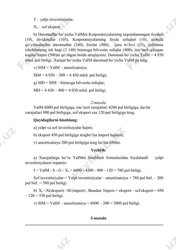 00 - 900 - 120 = 780 pul birligi. sof investitsiyalar = yalpi investitsiyalar – amortizatsiya = 780 pul birl. – 200 pul birl. = 580 pul birligi. b) xn =x(eksport) –m (import) . bundan: import-= eksport – sof eksport = 450 – 120 = 330 pul birligi. v) sim = yaim – amortizatsiya = 6000 – 200 = 5800 pul birligi. 3-masala quyidagi ma’lumotlarga asosan yalpi ichki mahsulot va takroriy hisob qiymatini aniqlang: iqtisodiy jarayon bosqichlari qiymat (pul birl.) «1-firma» xomashyo topadi 200 «2-firma» xomashyoni qayta ishlashga yetkazadi 250 «3-firma» xomashyoni konstruksiyali matoga qayta ishlaydi 400 «4-firma» matoni yakuniy mahsulot tayyorlovchiga yetkazib beradi 500 «5-firma» yakuniy mahsulotni ishlab chiqaradi 800 «6-firma» yakuniy mahsulotni ulgurji sotuvchiga yetkazib beradi 900 «7-firma» mahsulotning chakana savdosini amalga oshiradi 1000 umumiy savdo qiymati 4050 yechish: yaim jadval ma’lumotlari asosida ishlab chiqarish usuli yordamida yakuniy mahsulotni har bir ishlab chiqarish bosqichida qo‘shilgan qiymatning yig‘indisi orqali …