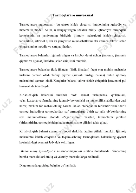 iy tarmoqlararo balanslar birlashtiriladi - mahsulot taqsimoti balansi (i va ii bo'limlar) va xarajatlar balansi (i va iii bo'limlar). i va ii bo'limlarda ishlab chiqarilgan mahsulotlarni joriy ishlab chiqarish va yakuniy iste'mol ehtiyojlari uchun taqsimlash ko'rsatilgan. ko'rsatkichlar nisbati tenglamalar tizimi bilan ifodalanadi (2.1) i va iii bo'limlarda tarmoq sharoitida mahsulot ishlab chiqarish uchun sarflangan xarajatlar va qo'shilgan qiymat ko'rsatilgan. (2.2) keling, (2.1) tizimning barcha tenglamalarini jamlaymiz, natijada biz qo'lga kiritamiz + = . xuddi shunday, (2.2) sistemaning tenglamalarini yig'ish hosil bo'ladi + = . = dan beri , keyin + = + , shuning uchun = . moddiy va tannarx tarkibi bo'yicha yalpi ichki mahsulot hajmi teng. rejalashtirilgan davr uchun mob modeli xarajatlar stavkalari ishlab chiqarish hajmiga bog'liq emas degan taxminga asoslanadi. ushbu taxminga ko'ra, tarmoqlararo ta'minotning qiymatlari formula bo'yicha aniqlanishi mumkin , ; . (2.3) to'g'ridan-to'g'ri xarajatlar koeffitsientlari j - sanoatning yalpi mahsulot birligini ishlab chiqarish uchun i - …